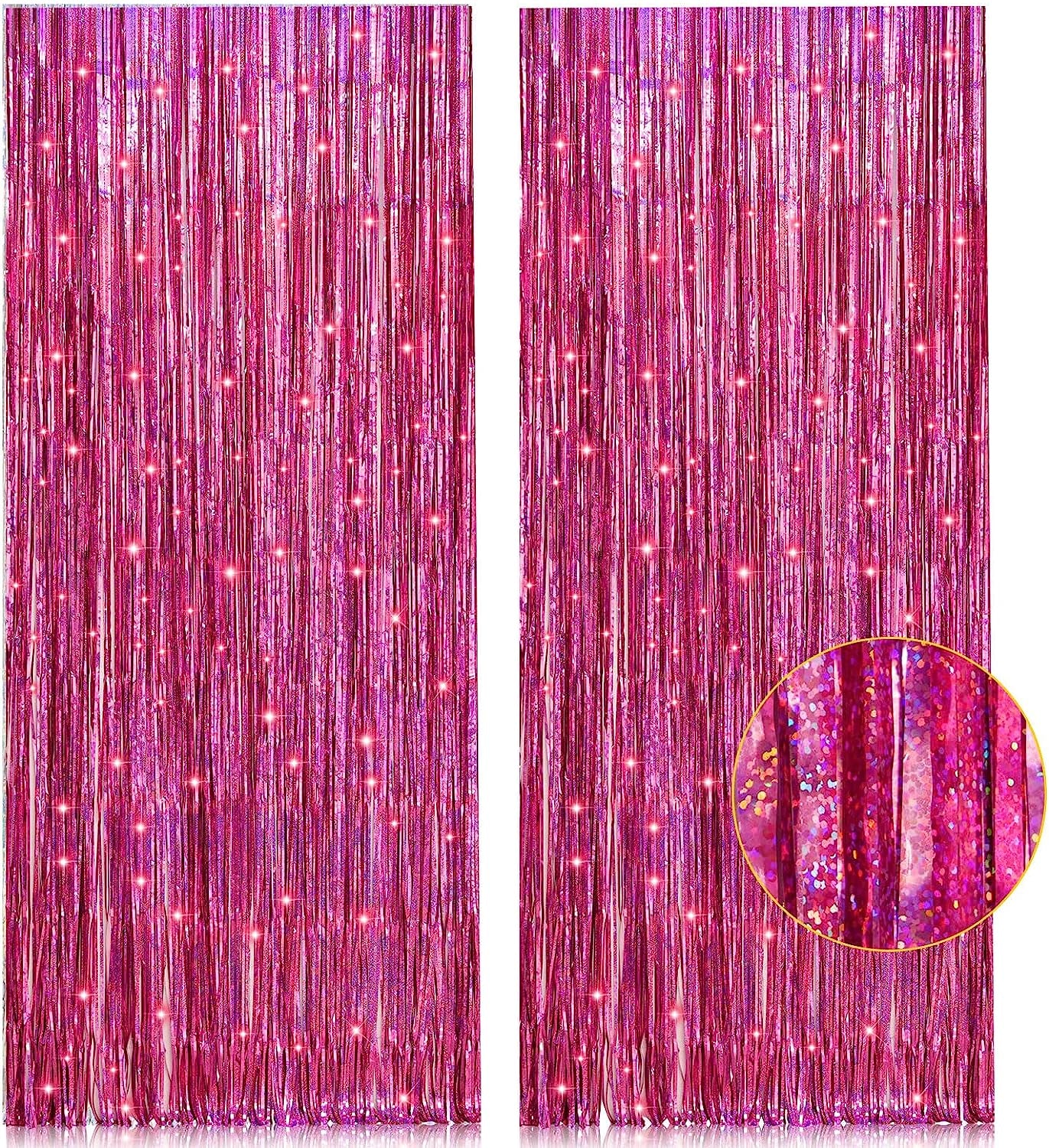 2 Pack 3.2Ft X 8.2Ft Pink Metallic Tinsel Foil Fringe Curtains Backdrop for Pink Party Birthday Wedding Bachelorette Baby Shower Holiday Party Decorations Photo Booth Props