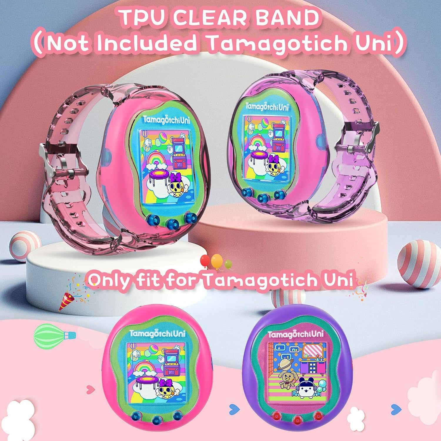 Wristband for Tamagotchi Uni [2Pack], TPU Bracelet Holder Compatible with Tamagotchi Uni, Adjustable TPU Protective Tamagotchi Uni Case for Kids Teen Adults 6.3-8.85" (Purple+Pink) ZOUSA
