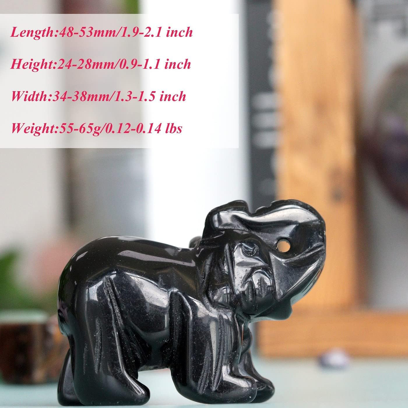 2" Black Obsidian Elephant Decor Healing Crystal Cute Polished Natural Stone Hand-Carved Big Sculpture Statue Figurines Gemstone Energy Hippie Home Room Office Desk Decoration Gifts for Women Men