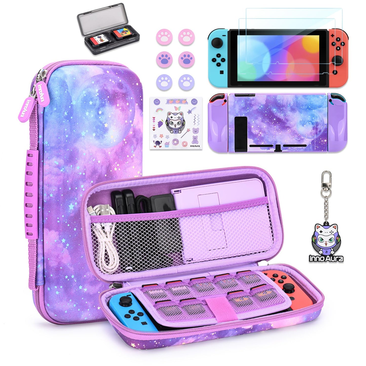 Switch Case for NS Switch, Innoaura 17 in 1 Switch Accessories Bundles with Switch Carrying Case, Switch Game Case, Switch Protective Case, Switch Screen Protector, Switch Thumb Caps (Mermaid Pink)