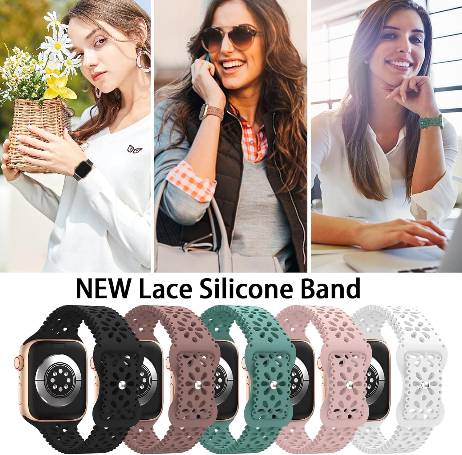 Lace Silicone Band Compatible with Apple Watch Band 40Mm 44Mm 38Mm 41Mm 45Mm 42Mm 49M for Women,Hollow-Out Sport Strap Soft Breathable Wristbands for Iwatch Series 9,Ultra,Se,8 7 6 5 4 3 2 1
