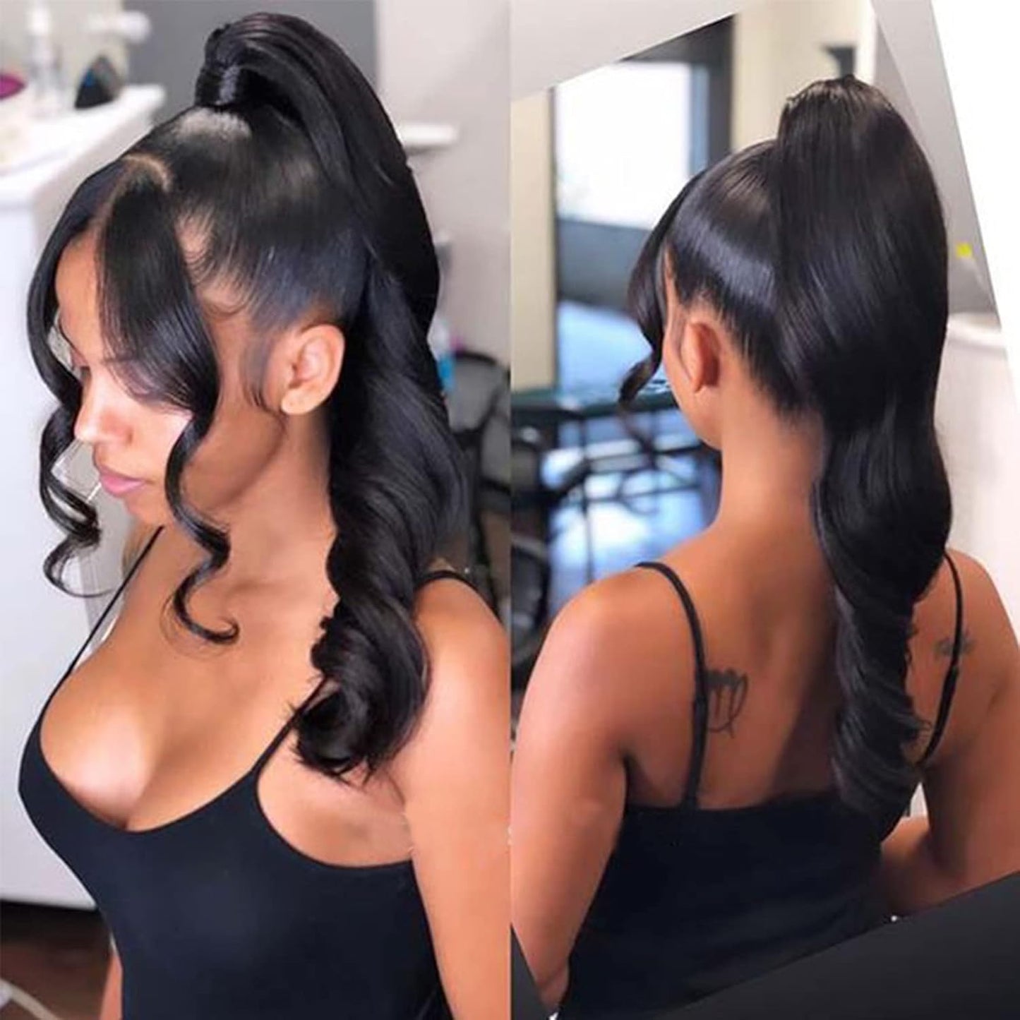 14Inches Curly Drawstring Ponytail Extension for Black Women, Black Hair Ponytail Hair Piece Extension 1B Ponytail Drawstring Weave Clip on Ponytails for Black Women Spiral Curl Ponytail