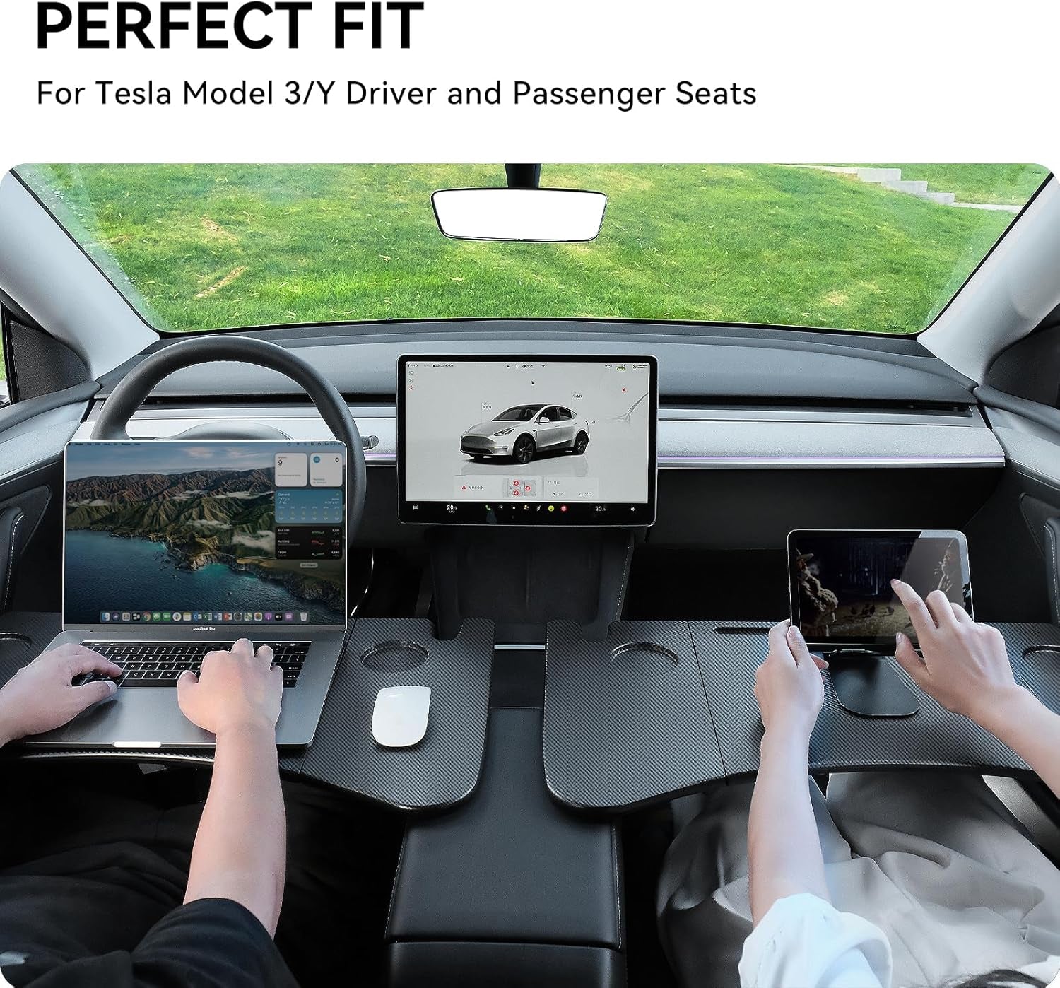 Car Laptop Desk for Tesla Model Y Model 3: Carbon Fiber Texture Tray, Foldable Food Table for Dining, In-Car Work, and Outdoor Travel, 2024 Multi-Functional Tesla Accessories (1 Pack)