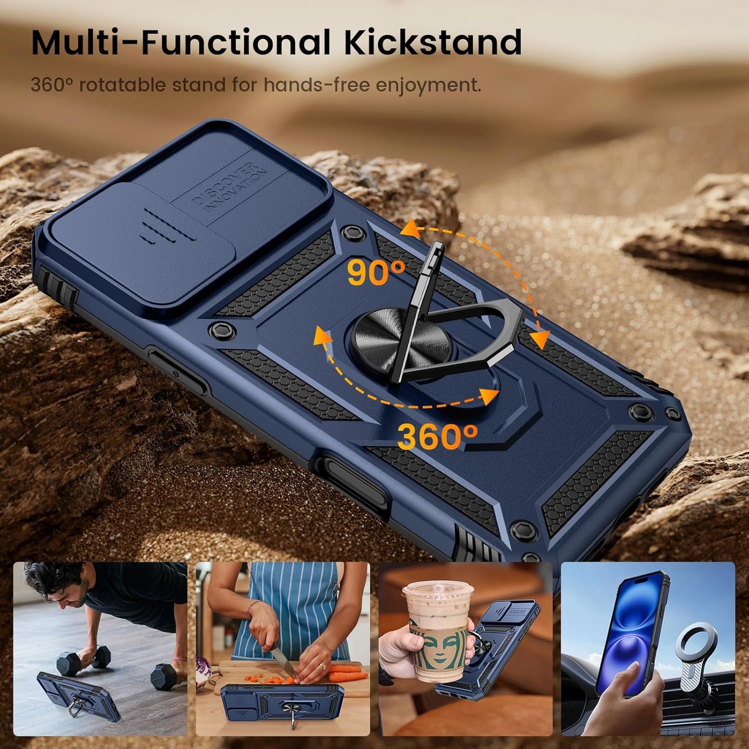Compatible for Iphone 16 Case with Screen Protector - Slide Camera Cover Protective Phone Case with Ring Stand, Heavy Duty Shockproof Rugged Bumper for Iphone 16 Accessories Blue
