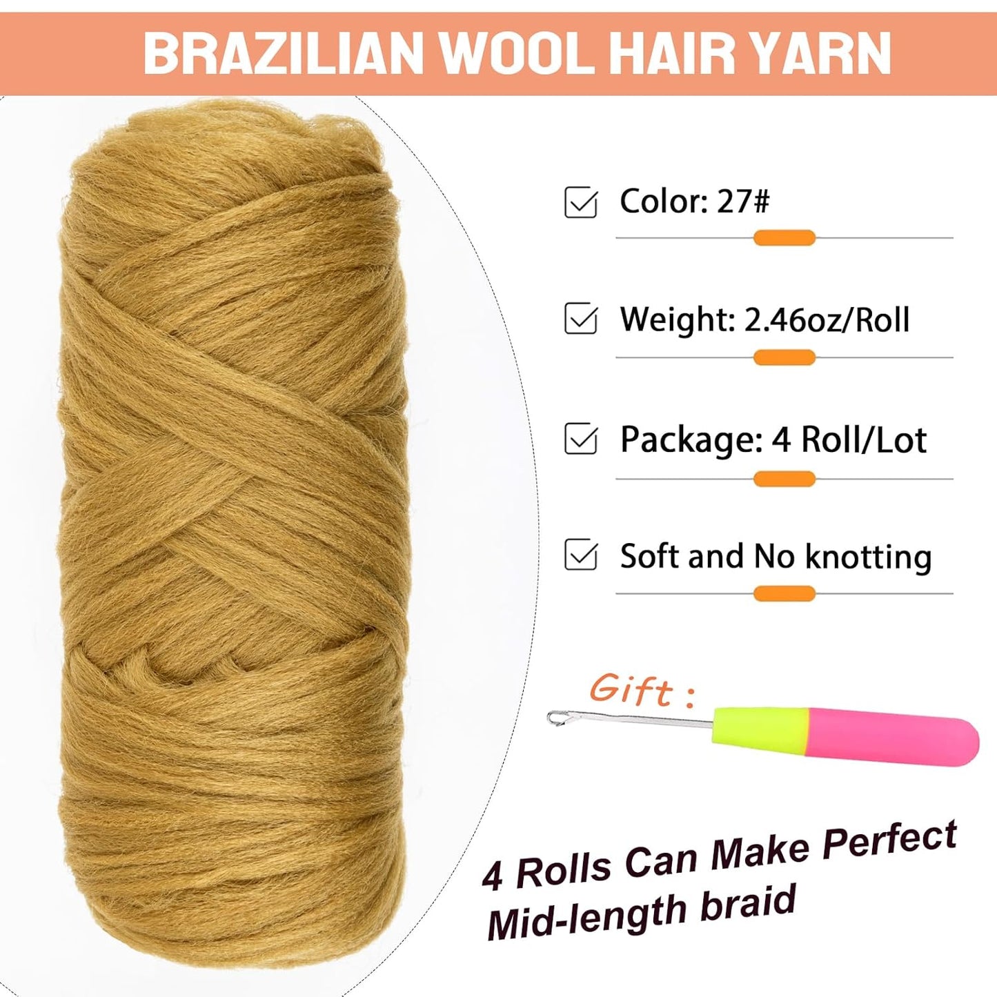 4 Pcs Blonde Brazilian Wool Hair for Braids Acrylic Hand Knitting Yarn for Hair Braiding Hair Extension Crochet Braid Senegalese Twisting Jumbo Braids Faux Locs Crochet Hair Extension(#27)