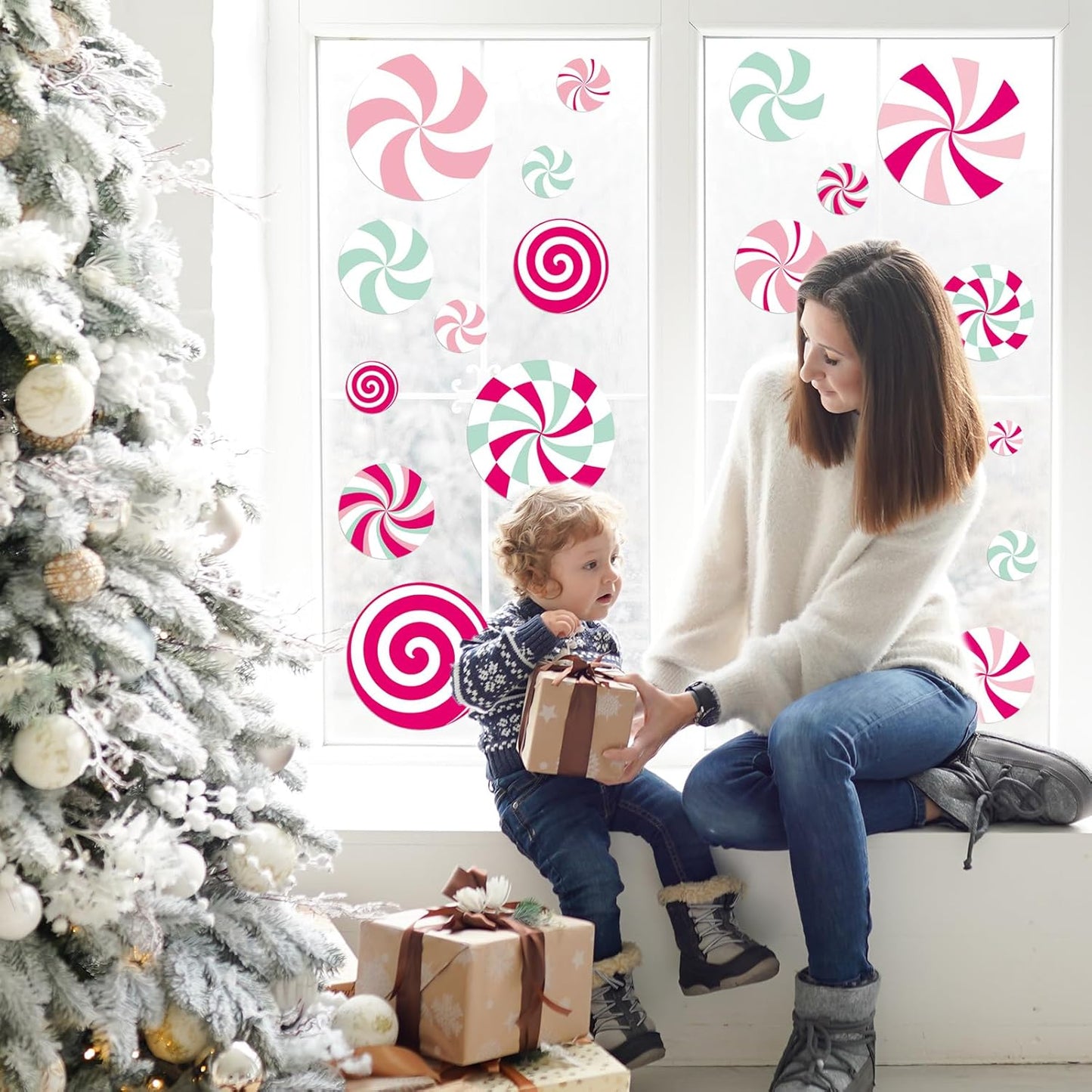 Christmas Window Cling Pink Green Candy Window Sticker Xmas Reusable PVC Window Decal for Winter Glass Mirror Decor, 9 Sheets