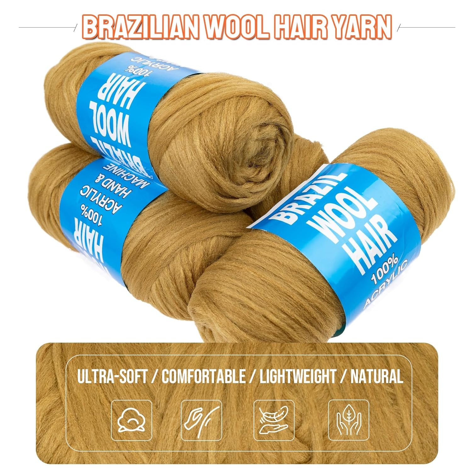 4 Pcs Blonde Brazilian Wool Hair for Braids Acrylic Hand Knitting Yarn for Hair Braiding Hair Extension Crochet Braid Senegalese Twisting Jumbo Braids Faux Locs Crochet Hair Extension(#27)