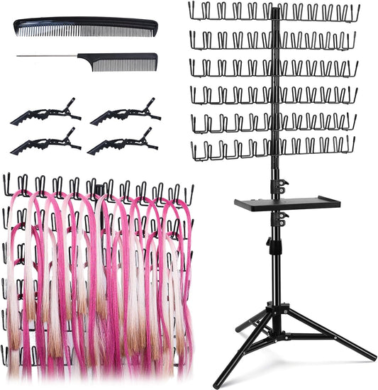 Braiding Hair Rack, with Salon Tray and Hair Braiding Kit, Portable Height Adjustable Hair Braiding Rack, Hair Racks for Braiders Standing -140 Pegs (Black)