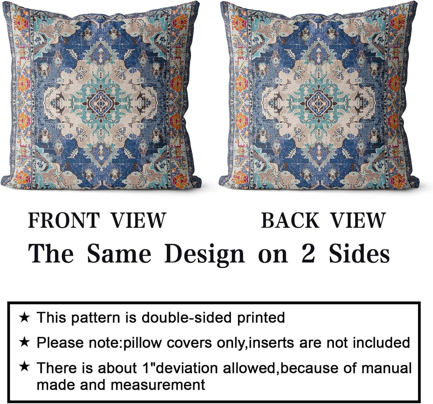 Boho Throw Pillow Covers 20X20 Inch Set of 2 Boho Rug Carpet Double Sided Pattern Cotton Soft Pillow Case Cushion Cover Pillowcase for Couch Sofa Bed Decorative (Blue)