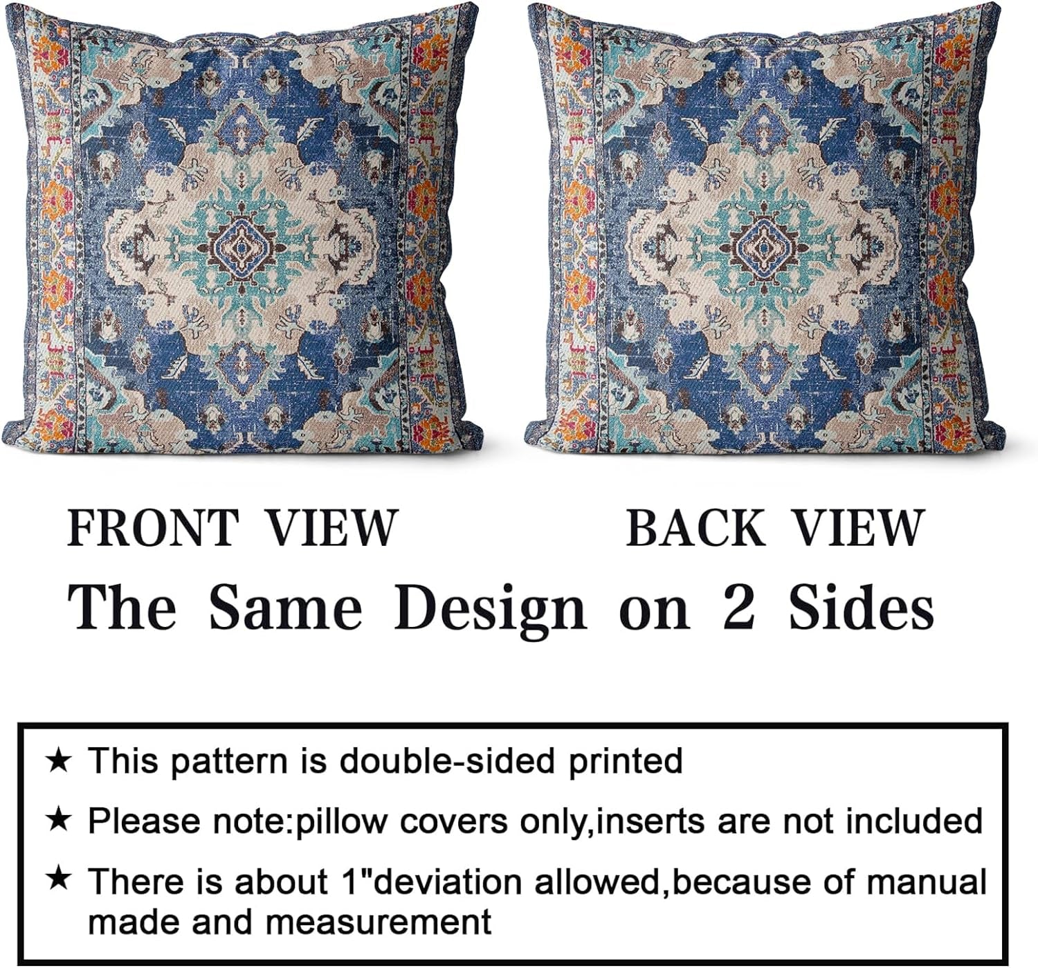 Boho Throw Pillow Covers 20X20 Inch Set of 2 Boho Rug Carpet Double Sided Pattern Cotton Soft Pillow Case Cushion Cover Pillowcase for Couch Sofa Bed Decorative (Blue)