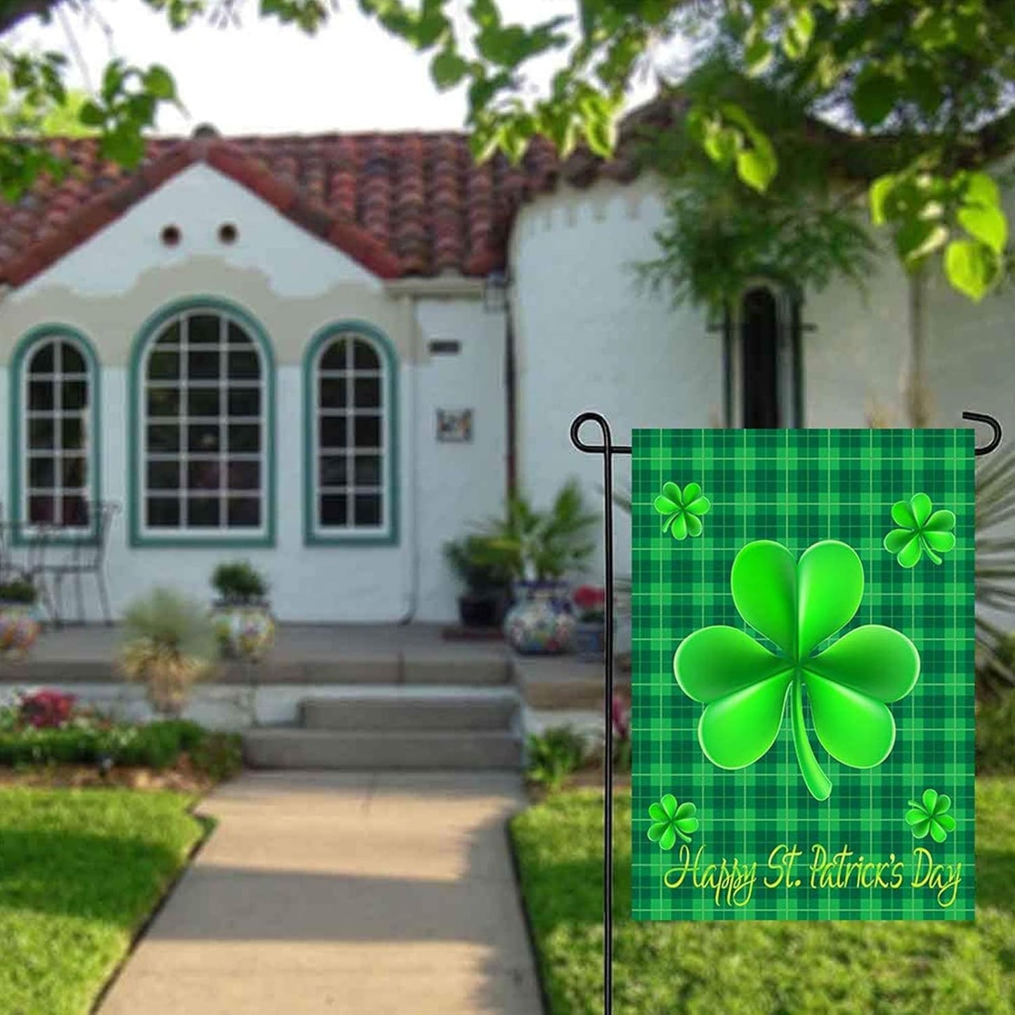 Happy St Patricks Day House Garden Flags,Shamrock Buffalo Check Plaid Rustic Burlap Yard Sign Decorations,Spring Banners for Outdoor 12 X 18 Inch Double Sided (Green)