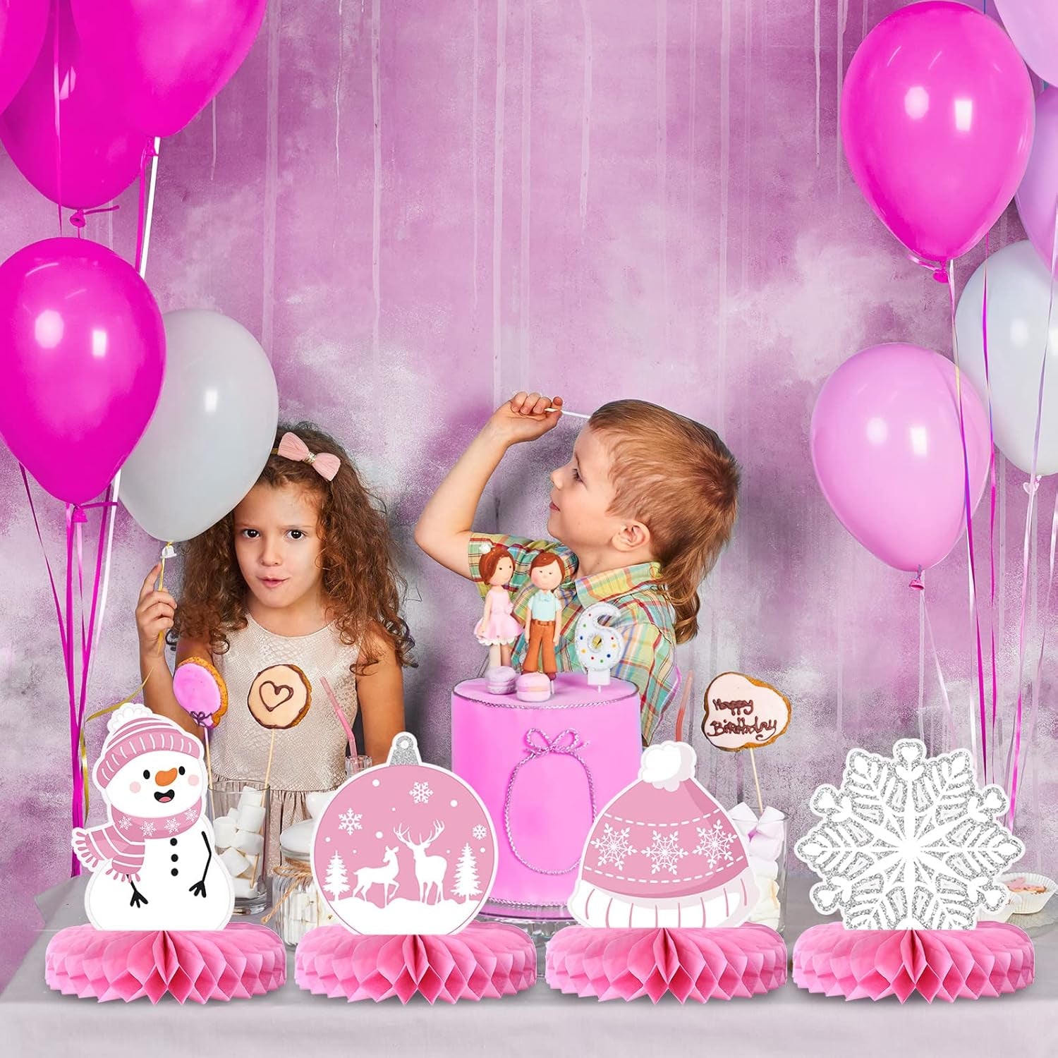 9 Pcs Winter Table Honeycomb Centerpieces Snowflake Honeycomb Party Decorations Winter Party Centerpieces for Winter Theme Christmas Birthday Baby Shower Party Supplies (Pink)