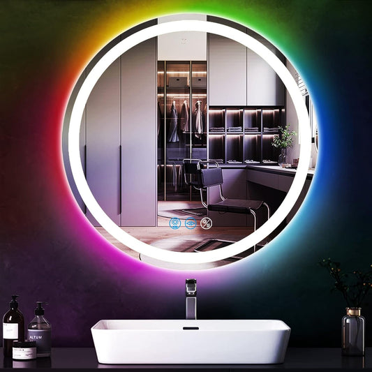 20 Inch Bathroom round Led Mirror with Lights 3Color + RGB Colorful Changing Backlit Circle round Lighted Vanity Mirror with Lights for Bathroom Wall Dimmable anti Fog round Circle Smart Mirror