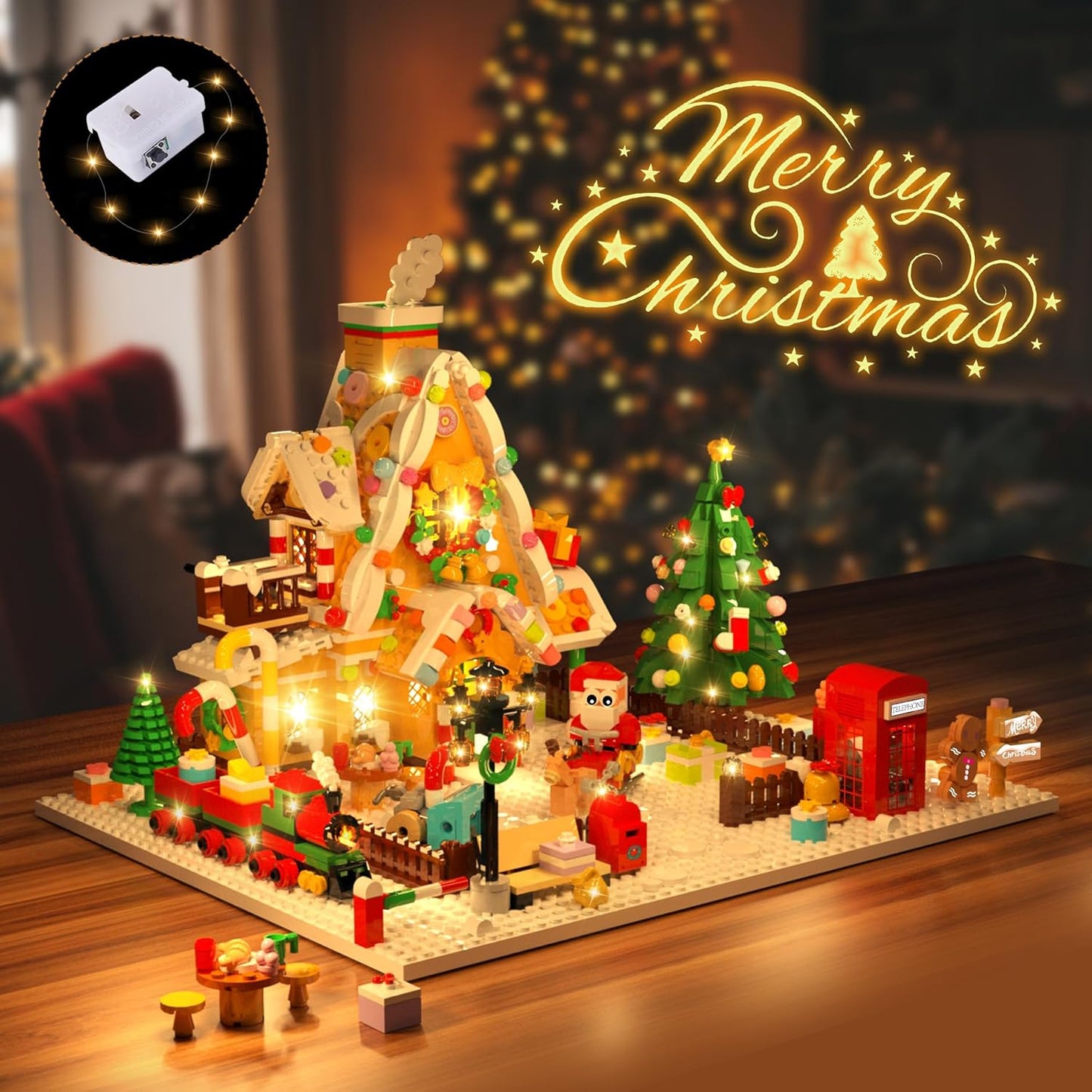 Christmas Gingerbread House Mini Building Set with LED Light, 1763 PCS Christmas Courtyard Building Block Toy with Santa Claus Xmas Tree Train Home Decor, Gift for Adult Kids Girls Boys 10+