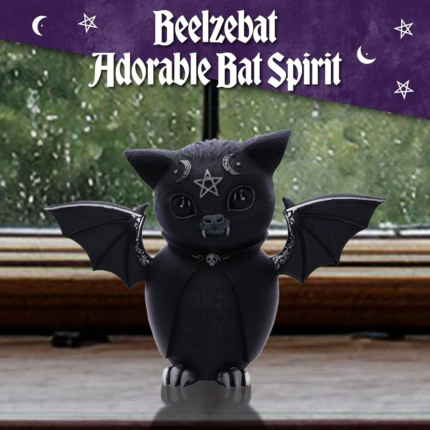 Figurine Decor, Detailed Hand-Painted Polyresin, Black - Beelzebat Gothic Satanic Bat