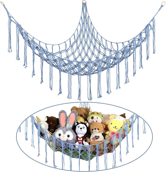 Boho Stuffed Animals Net or Hammock Large,55 Inch Toy Hammock Macrame Stuff Animal Storage Corner Hanging Net Holder,Mesh Hammock Plush Toy Organizer with Hooks for Bedroom,Nursery (Deep Blue)