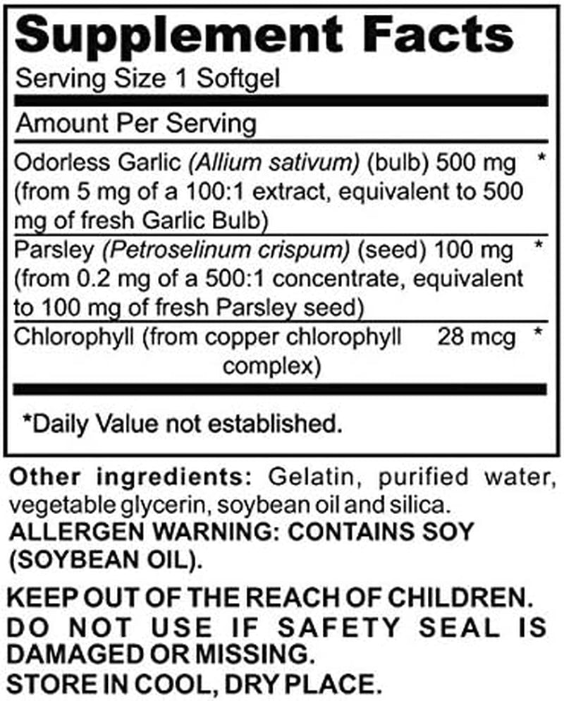 Advanced Garlic Complex -  (100Ct) Maximum Strength Complex Contains a Blend of Odorless Garlic (Allium Sativum), Parsley (Petroselinum Crispum), and Chlorophyll. TLBH