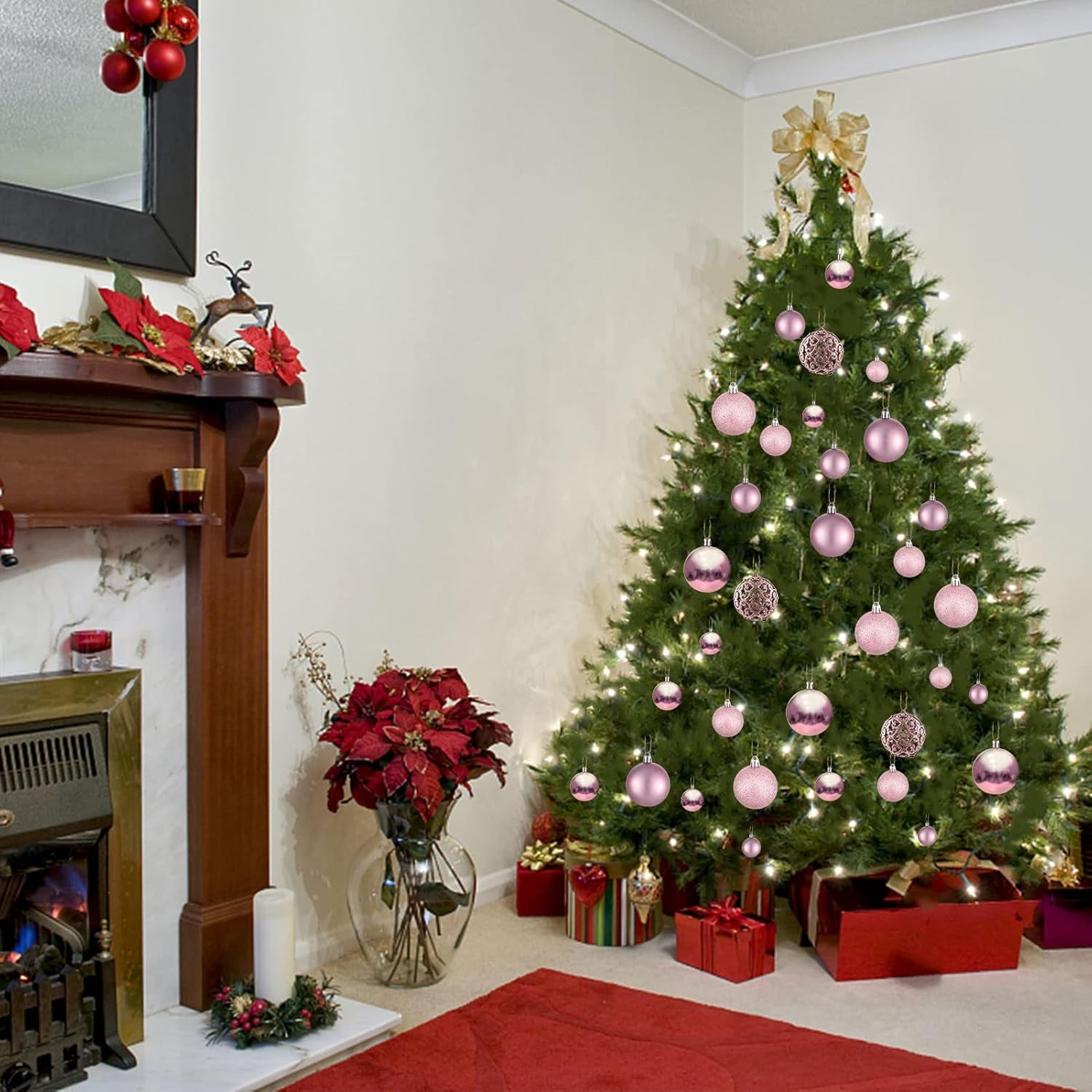 Christmas Balls Tree Ornaments, Shatterproof Christmas Decorations Set with Reusable Hand-Held Gift Package for Holiday Xmas Tree Decor (100, Rose)