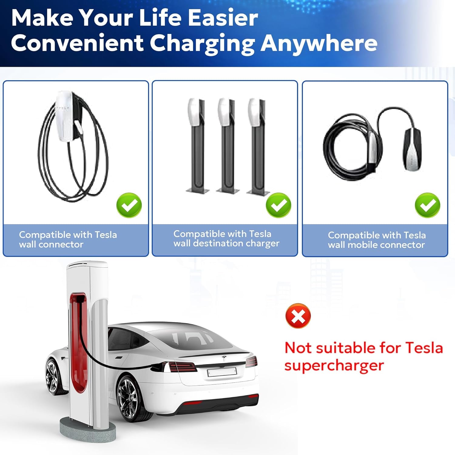 Adapter for Tesla to J1772 EV Charger [Only to J1772], Converter up to 60Amp 250V AC with Press-Safety-Lock, Compatible with Tesla High-Powered Connectors, Destination/Mobile Chargers,White