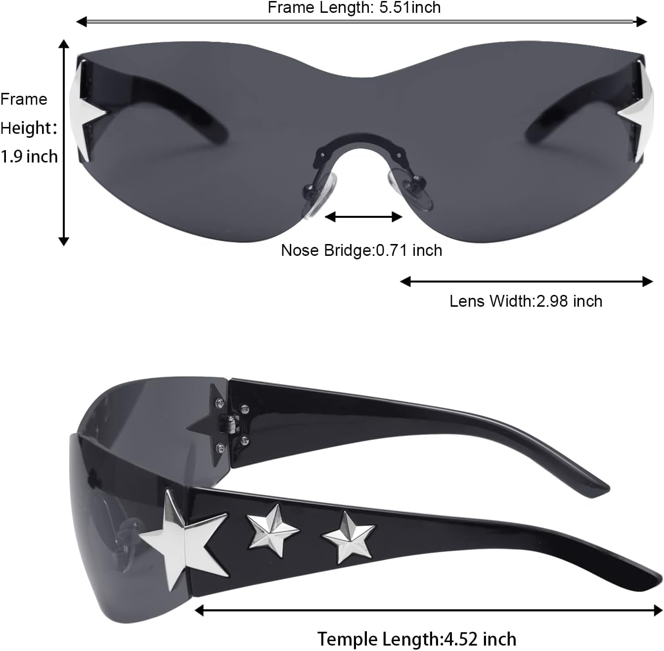 Rimless Y2K Sunglasses Star Wrap around Glasses 2000S Accessories for Women Men Trendy Fashion Cool Shield Shades