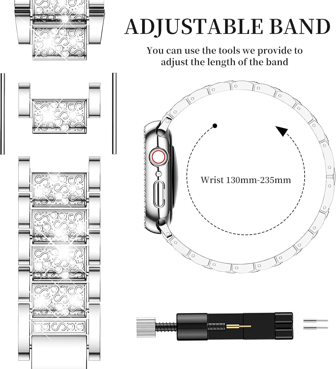 Compatible with Apple Watch Band 38Mm 40Mm 41Mm 42Mm 44Mm 45Mm 49Mm with 2 Pack Case Women, Jewelry Replacement Metal Wristband Strap with Bling PC Protective Case for Iwatch Ultra SE Series 9/8/7/6/5/4/3/2/1