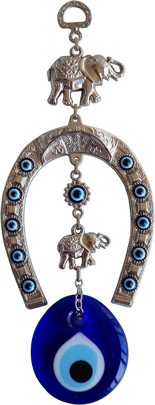 Turkish Silver Horse Shoe Blue Evil Eye Wall Hanging Ornament with Elephant - Turkish Nazar Bead Amulet – Home Protection and Good Luck Charm Gift in a Box