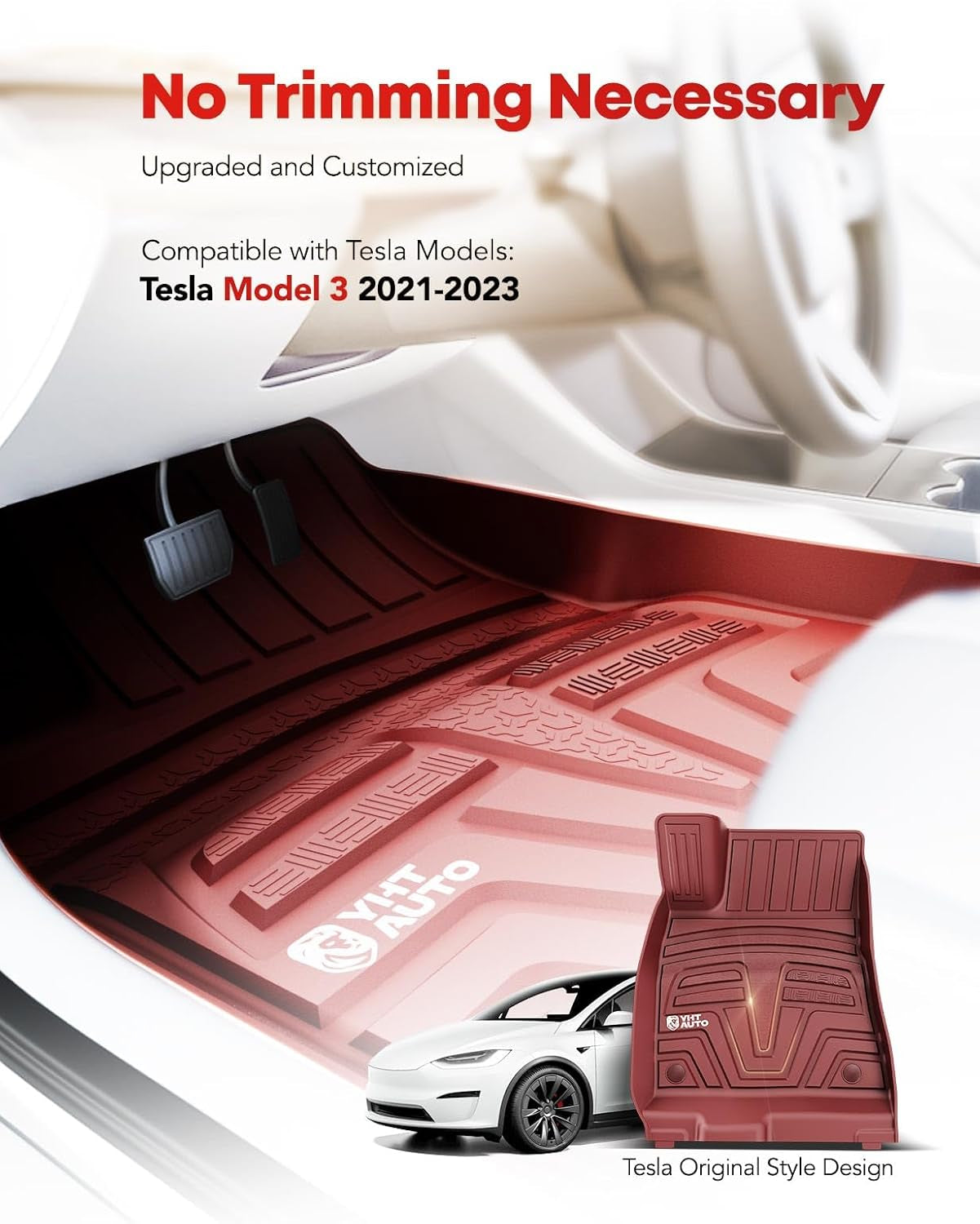 Floor Mats Compatible with Tesla Model 3 2021-2023, All Weather TPE Front Rear Cargo Liner, Rear Storage Mats, Model 3 Accessories, Red, Set of 6