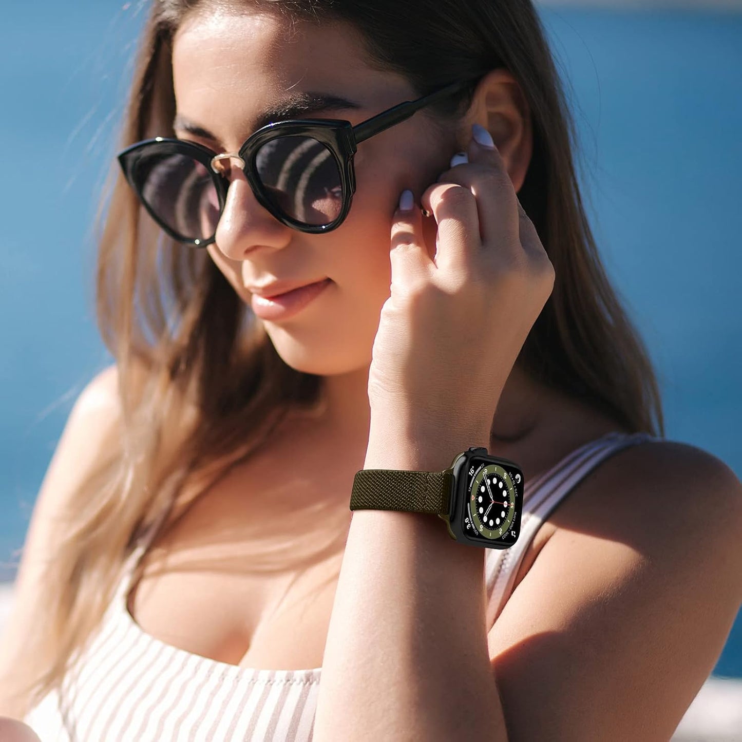 Slim Stretchy Bands Compatible with Apple Watch Band 41Mm 40Mm 38Mm, Women Elastics Nylon Thin Band Strap for Iwatch SE2 SE Series 9 8 7 6 5 4 3 2 1 (Army Green/Black, 41Mm 40Mm 38Mm)