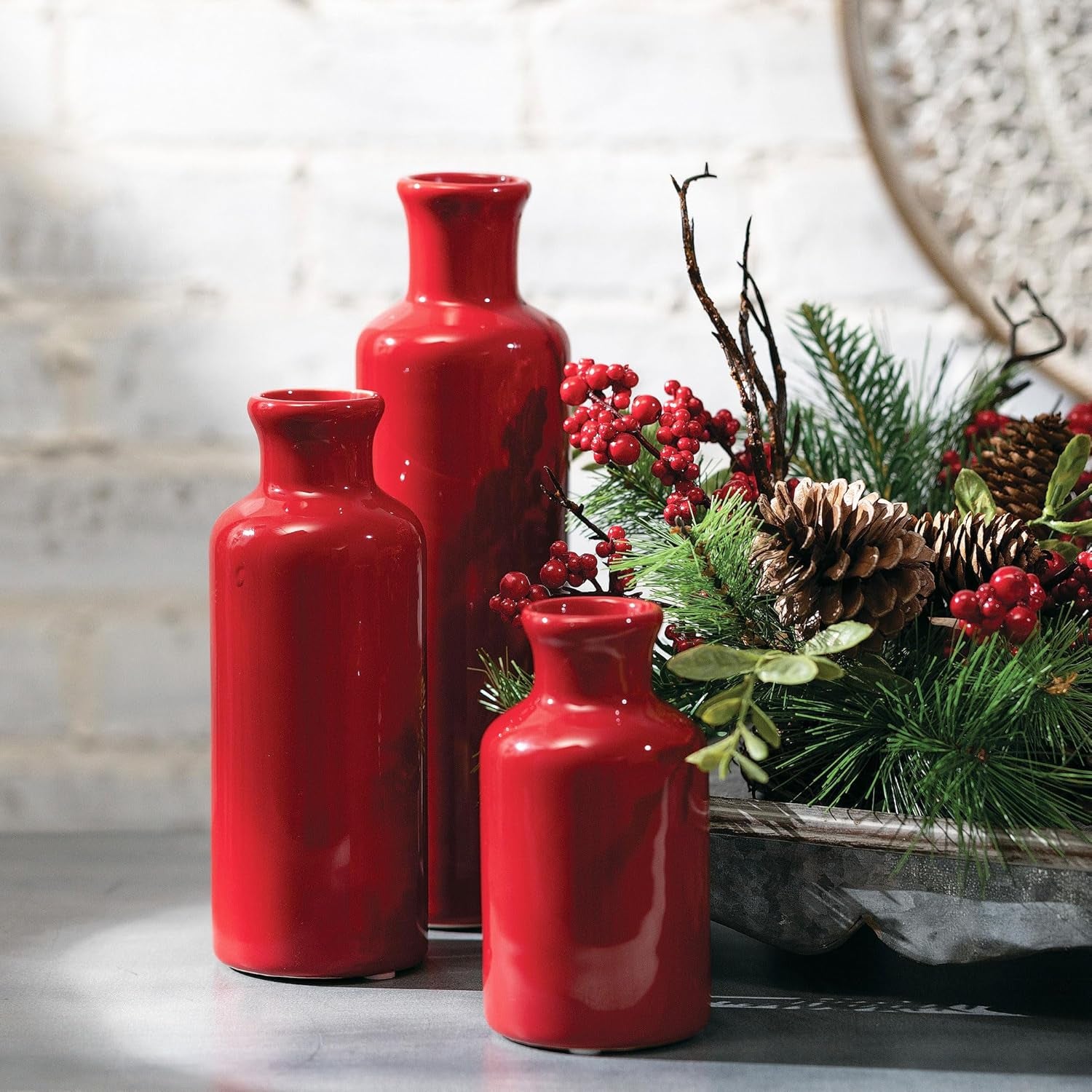 Vase Set, Farmhouse Decor, Aesthetic Room Decor, Boho Decor, Vases for Your Kitchen, Bedroom, Office, Living Room & Bathroom, Shelf Decor, Centerpiece Table Decorations, Red Vases (CM2407)