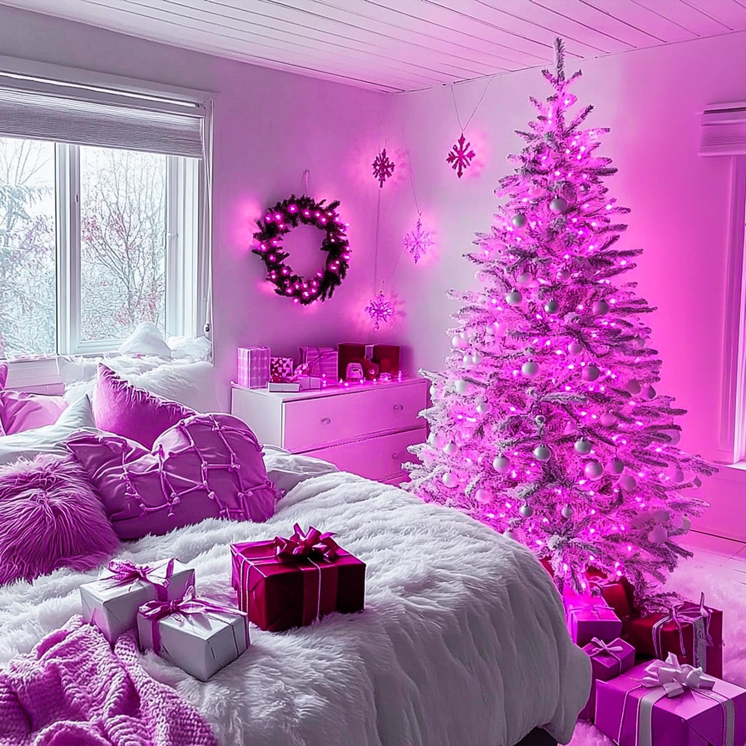 Connectable 33Ft 100 LED Pink Christmas Lights, 8 Modes Pink Christmas Tree Lights Clear Wire, Plug in Pink String Lights Indoor Outdoor for Christmas Tree, Bedroom, Room, Party