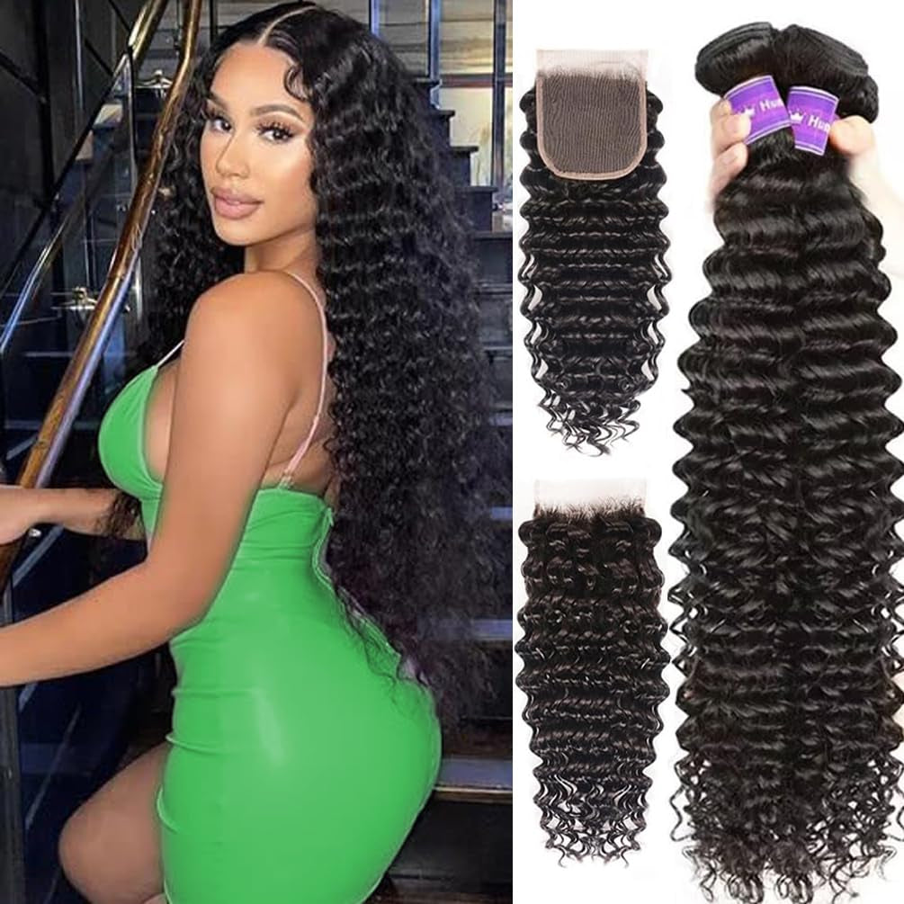 Deep Wave Bundles with Closure (12 14 16+10 Free Part) 12A 100% Unprocessed Brazilian Virgin Human Hair Bundles with 4X4 Lace Closure Deep Curly Weave Hair Extensions Natural Color for Black Women