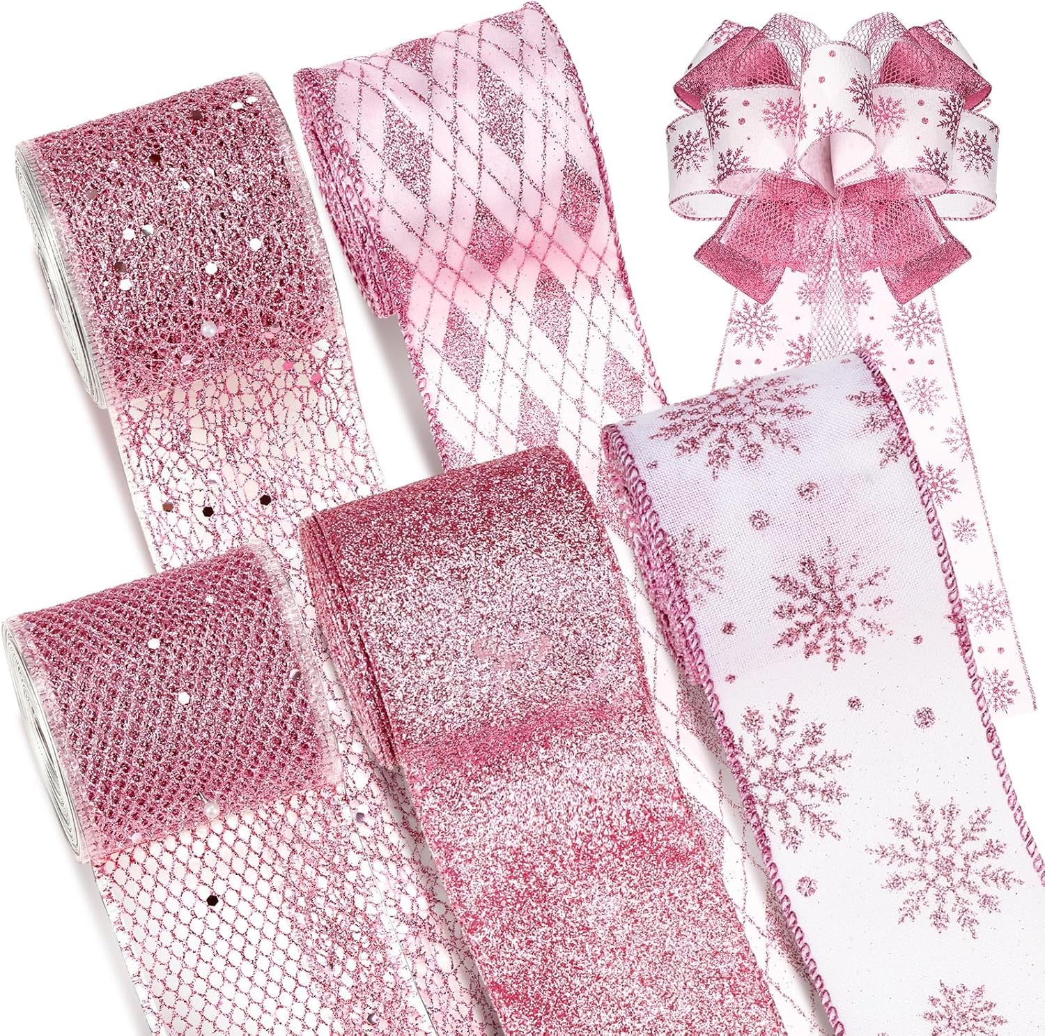 5 Roll 50 Yard Christmas Decor Wire Ribbon 2.5 Inch Glitter Metal Mesh Ribbon Christmas Decoration Tree Bow Classification Glitter Wreath Gift Packaging Ribbon Craft Project Diy(Pink)