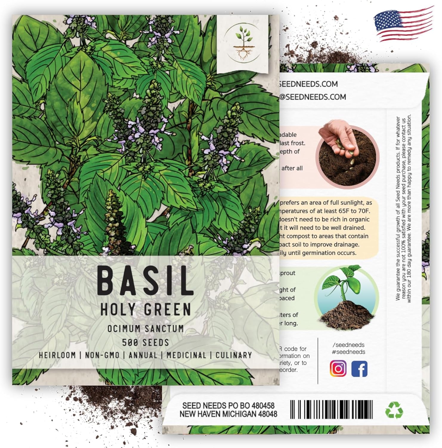 , Holy Basil Seeds - 500 Heirloom Seeds for Planting Ocimum Sanctum - Medicinal Tulsi Herb to Plant Indoors or Outdoors, Non-Gmo & Untreated (2 Packs) TLBH