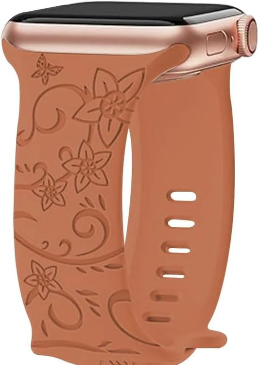 AXTECHS Engraved Wildflower Watch Bands Are Compatible with Apple Watch Bands Sizes 38Mm 40Mm 41Mm 42Mm 44Mm 45Mm 49Mm Iwatch Series 9 8 7 6 5 4 3 2 1 SE Ultra Ultra 2, and Are Made from Premium Soft Silicone for Men and Women.