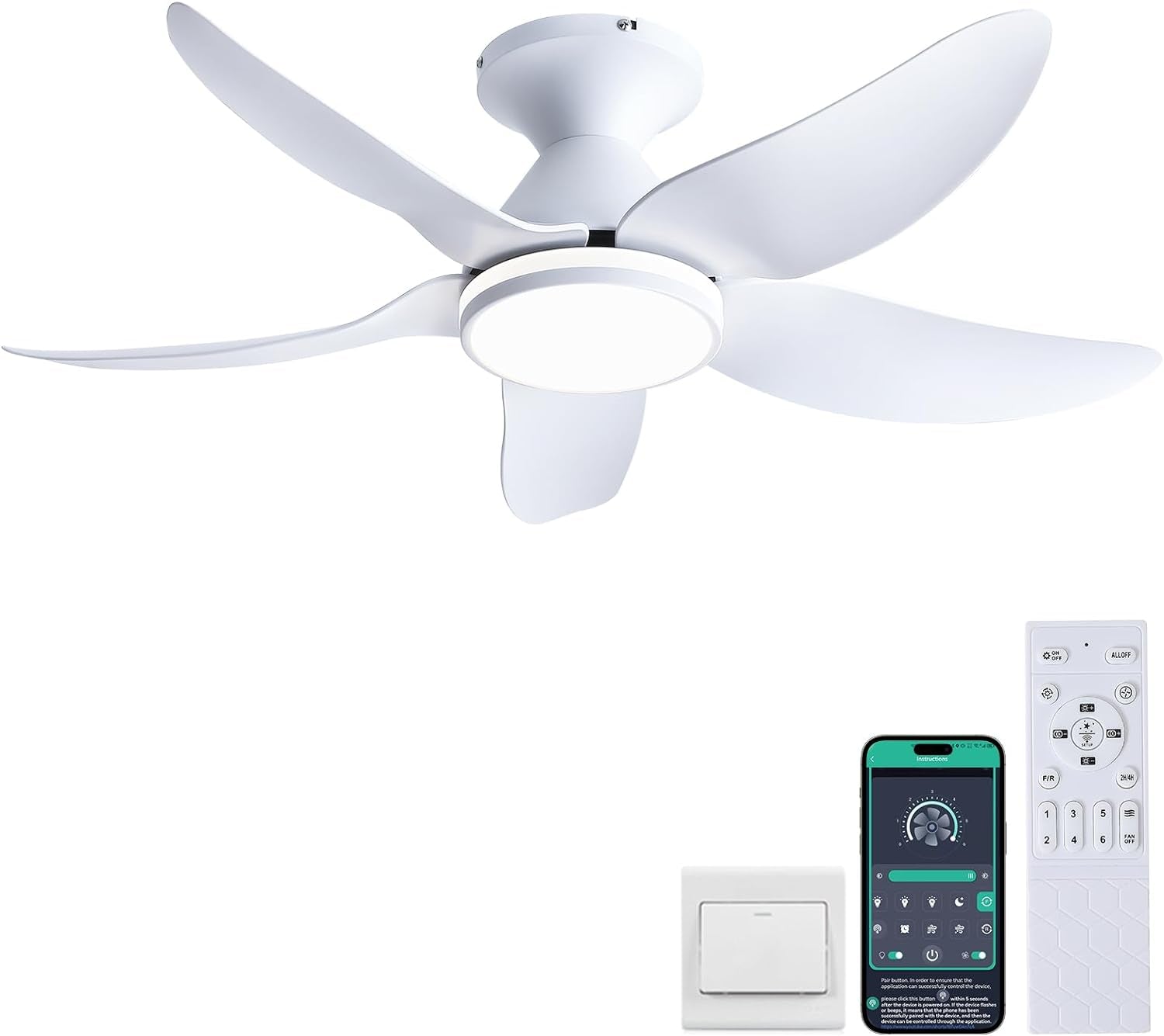 Ceiling Fans with Lights and Remote/App Control, 38 Inch Low Profile Flush Mount Ceiling Fans with 5 Reversible Blades 6 Speeds, 3 Colors Dimmable+Ring Lights for Bedroom Dining Room, White