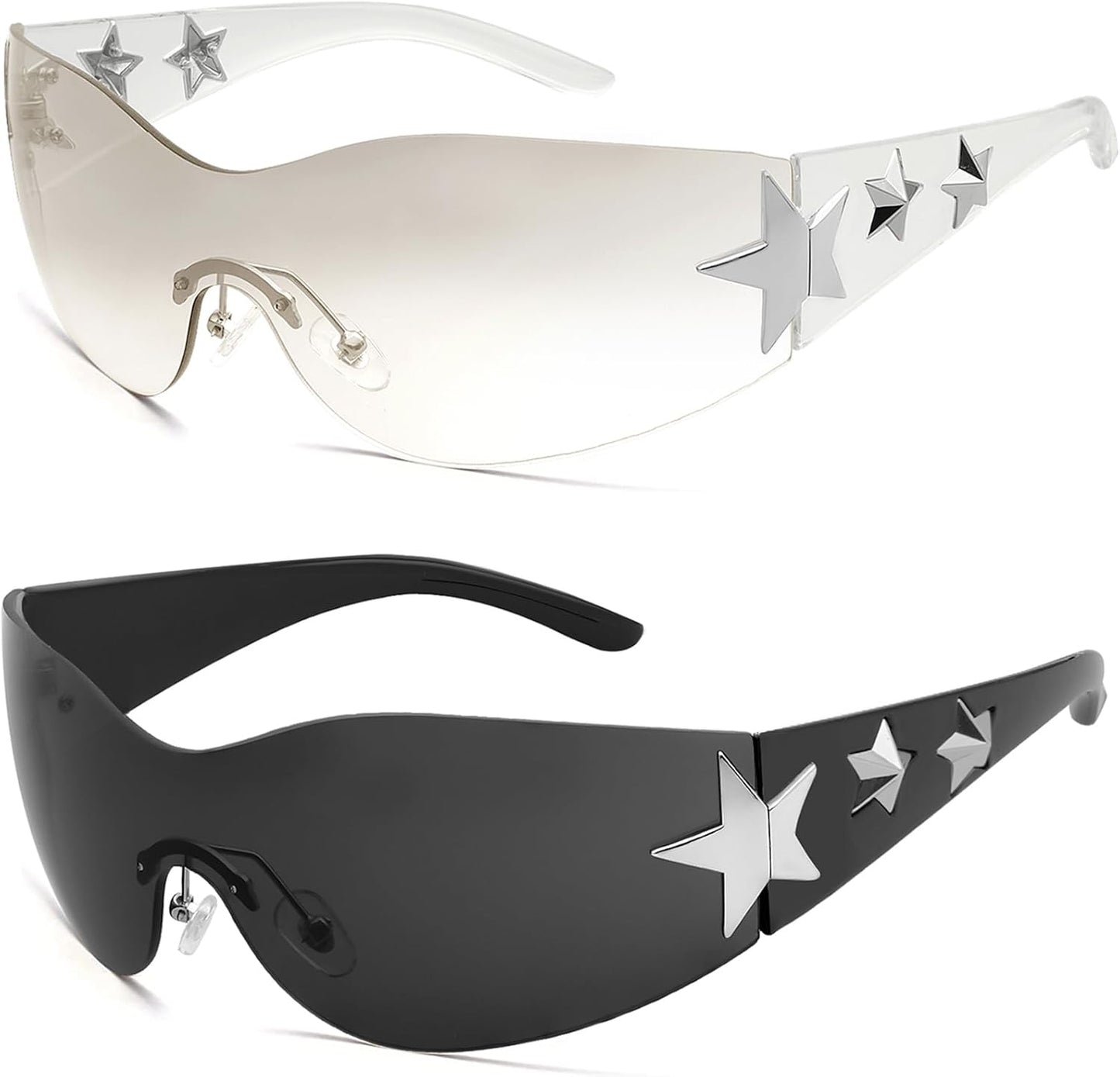 Rimless Y2K Sunglasses Star Wrap around Glasses 2000S Accessories for Women Men Trendy Fashion Cool Shield Shades