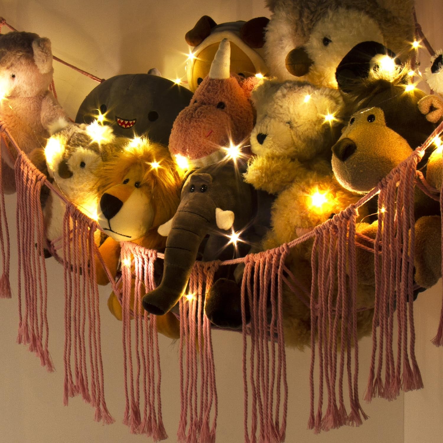 Stuffed Animal Hammock Corner with LED Light - Toy Storage Hammock Plushie Net Hanging Organizer - Pink Room Decor for Teen Girls - Cute Bedroom Aesthetic Nursery Kids Baby Toddler