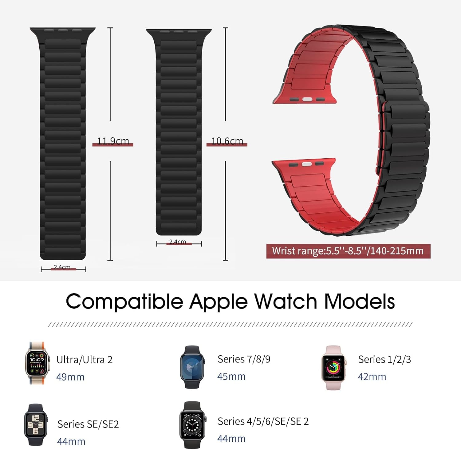 Magnetic Band Compatible with Apple Watch Bands 42/44/45/46/49Mm Men Women, Strong Magnet Link Sport Replacement Strap for Iwatch Ultra 2 Ultra SE2 SE Series 10 9 8 7 6 5 4 3 2 1, Black/Red
