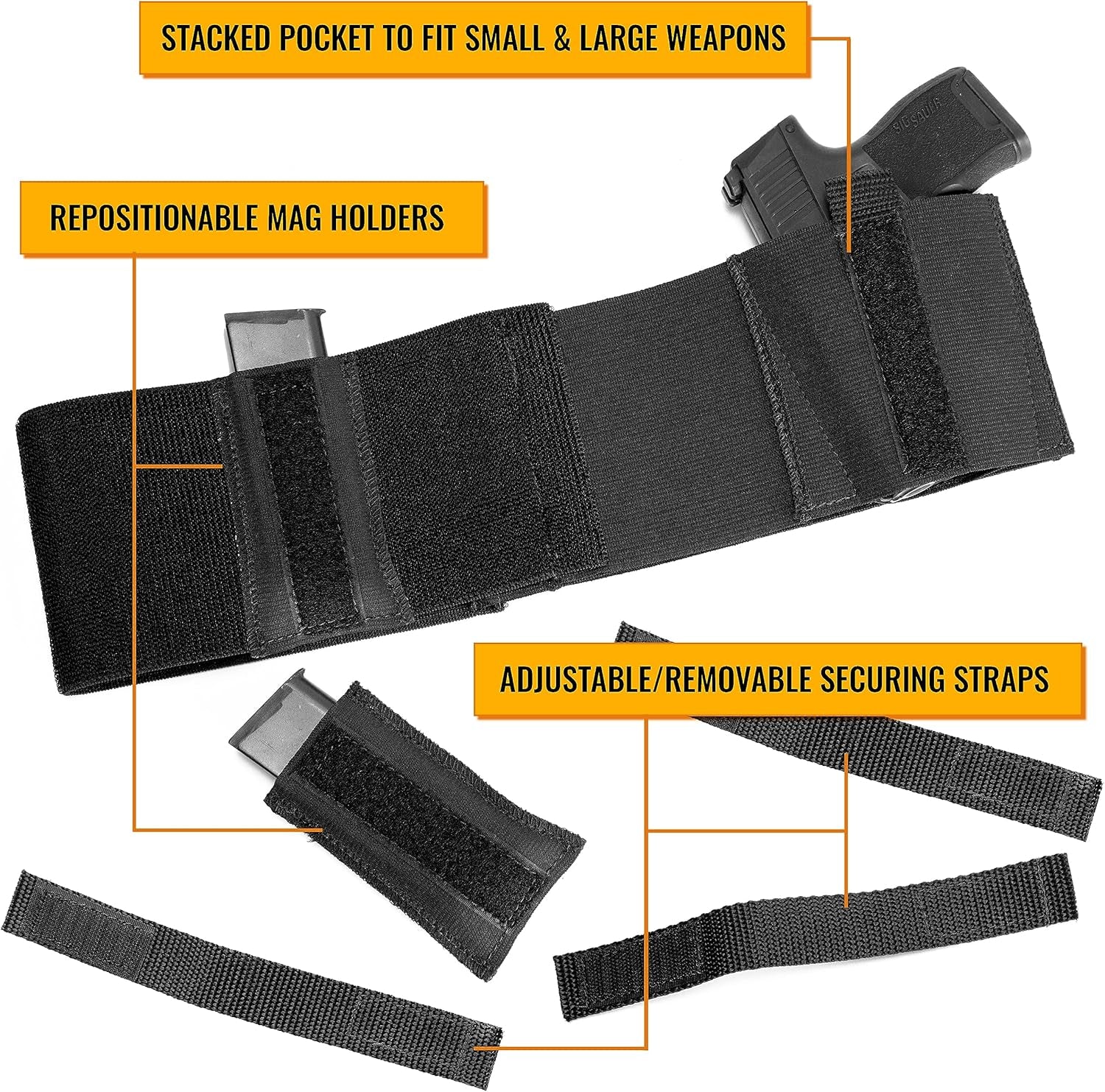 Modular Belly Band Gun Holster - CCW Concealed Carry Holster with Removable Mag Pockets - Fits Small to Large Guns