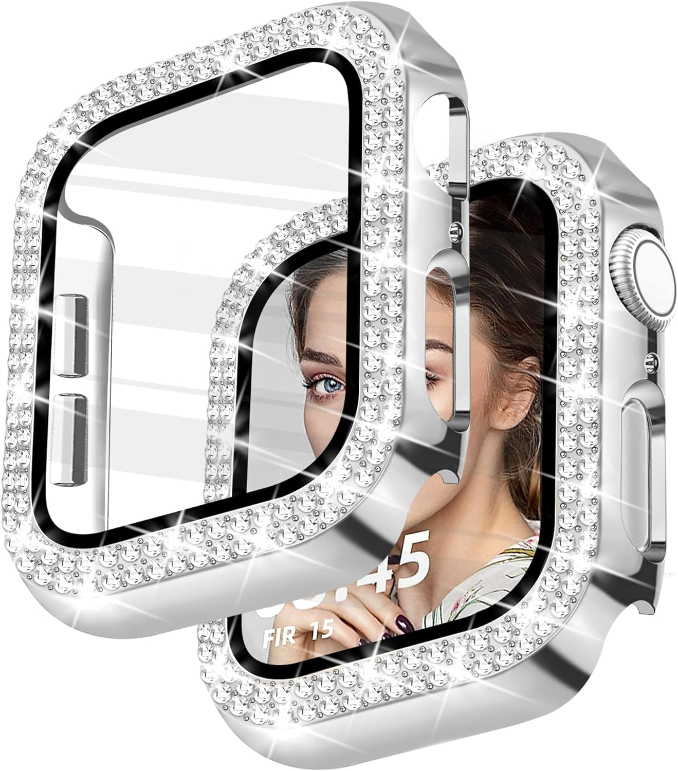 Sliver Charm Band Silver Bling Case Bundle Compatible with Apple Watch 38Mm 40Mm 41Mm 42Mm 44Mm 45Mm 46Mm 49Mm Women for Iwatch Series 10/9/8/7/6/5/4/3/2/1/Se/Ultra