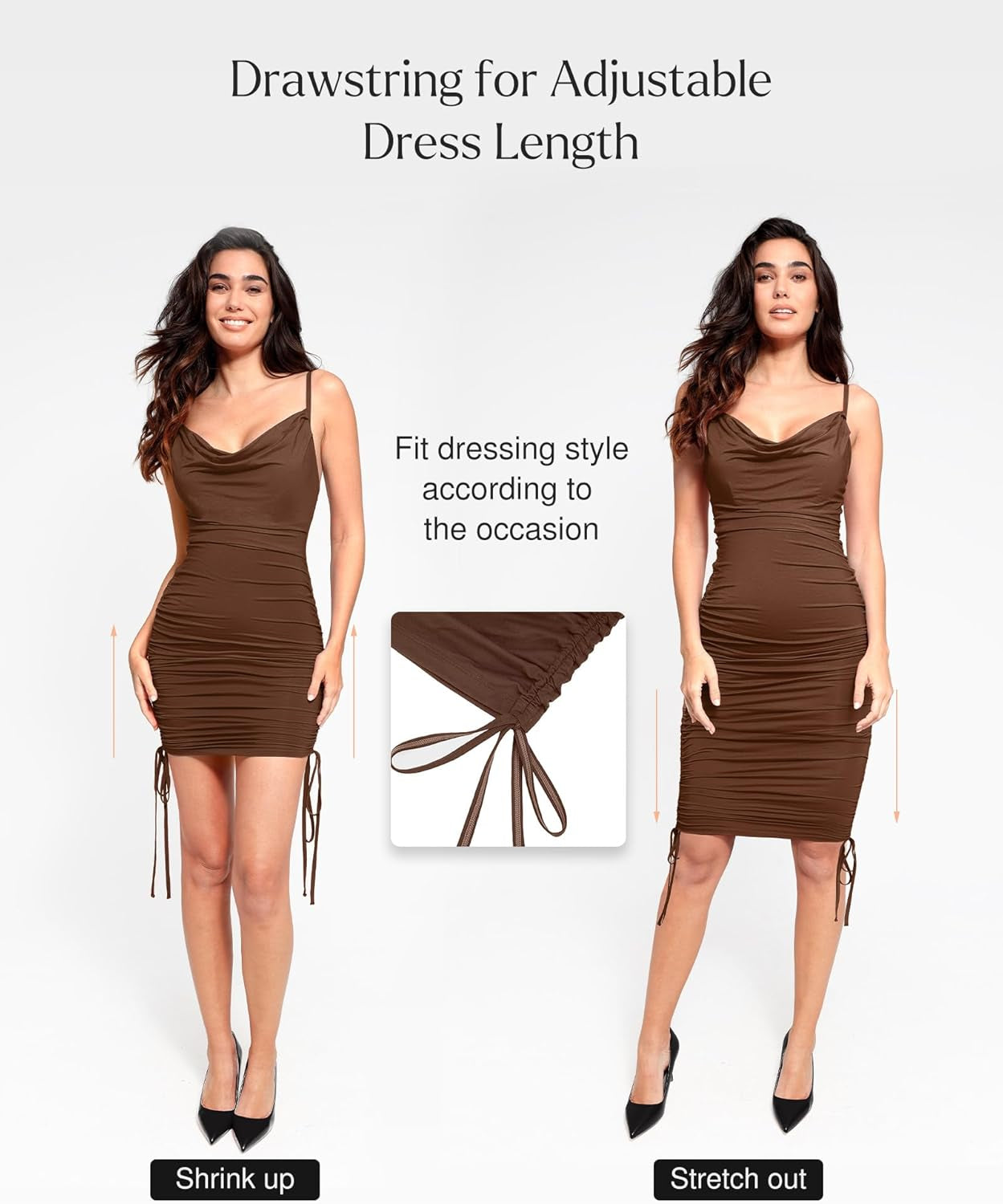 Shapewear Dress Mini Dress Tummy Control Drawstring Adjustable Dress Ruched Bodycon Dress for Women