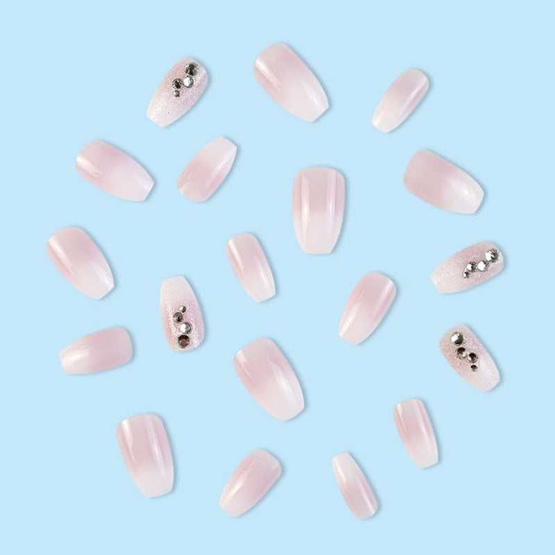 Press on Nails Medium Coffin Nude Natural Rhinestone Gradient Pink Glitter Fake Nails Acrylic False Nail Tips Kit Glue on Nails for Women