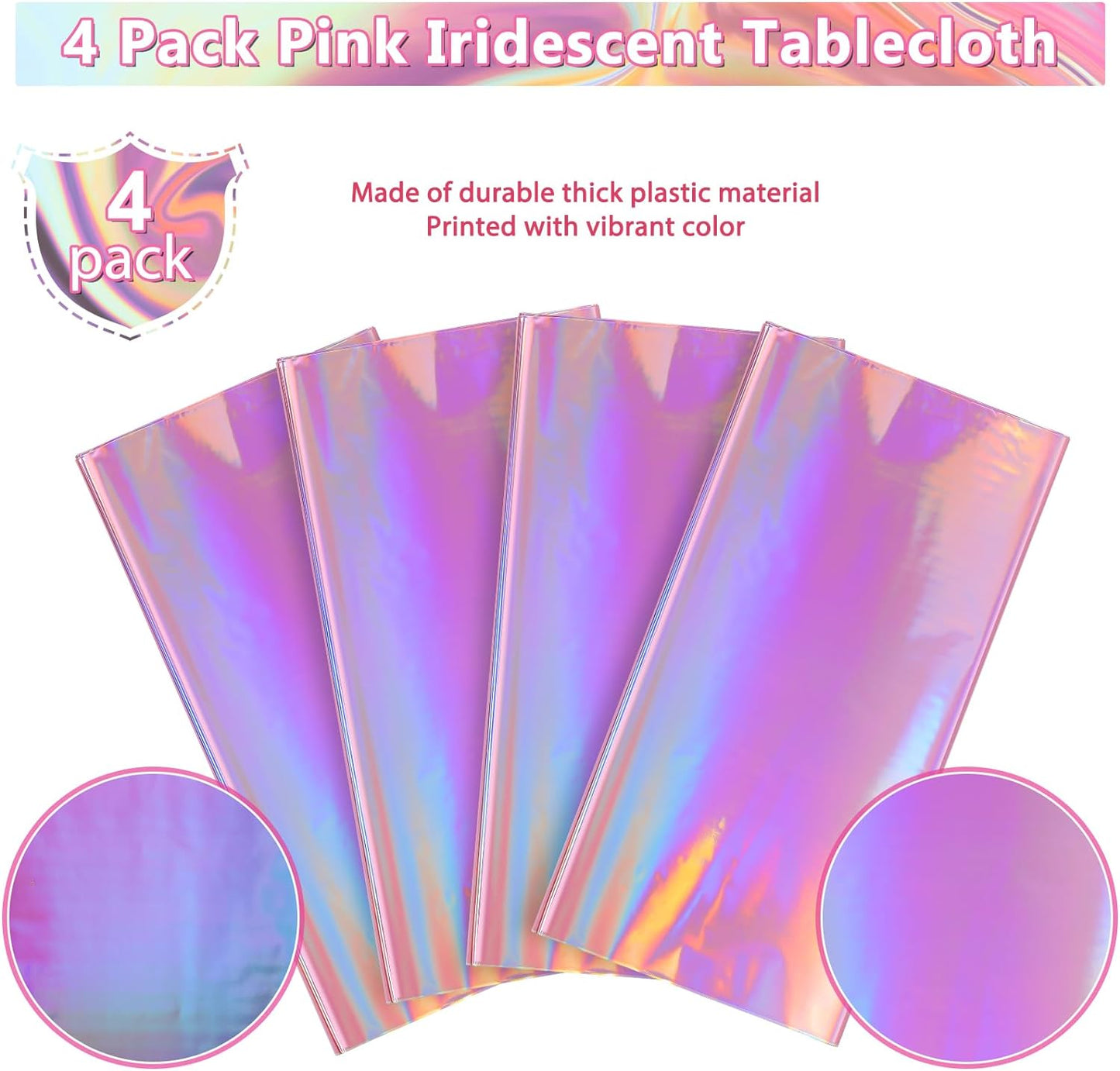 4 Pack Iridescent Pink Plastic Tablecloths,  Shiny Disposable Laser Rectangle Table Covers, Holographic Foil Tablecloth Iridescent Party Decorations for Birthday Wedding Christmas, 54X108Inch