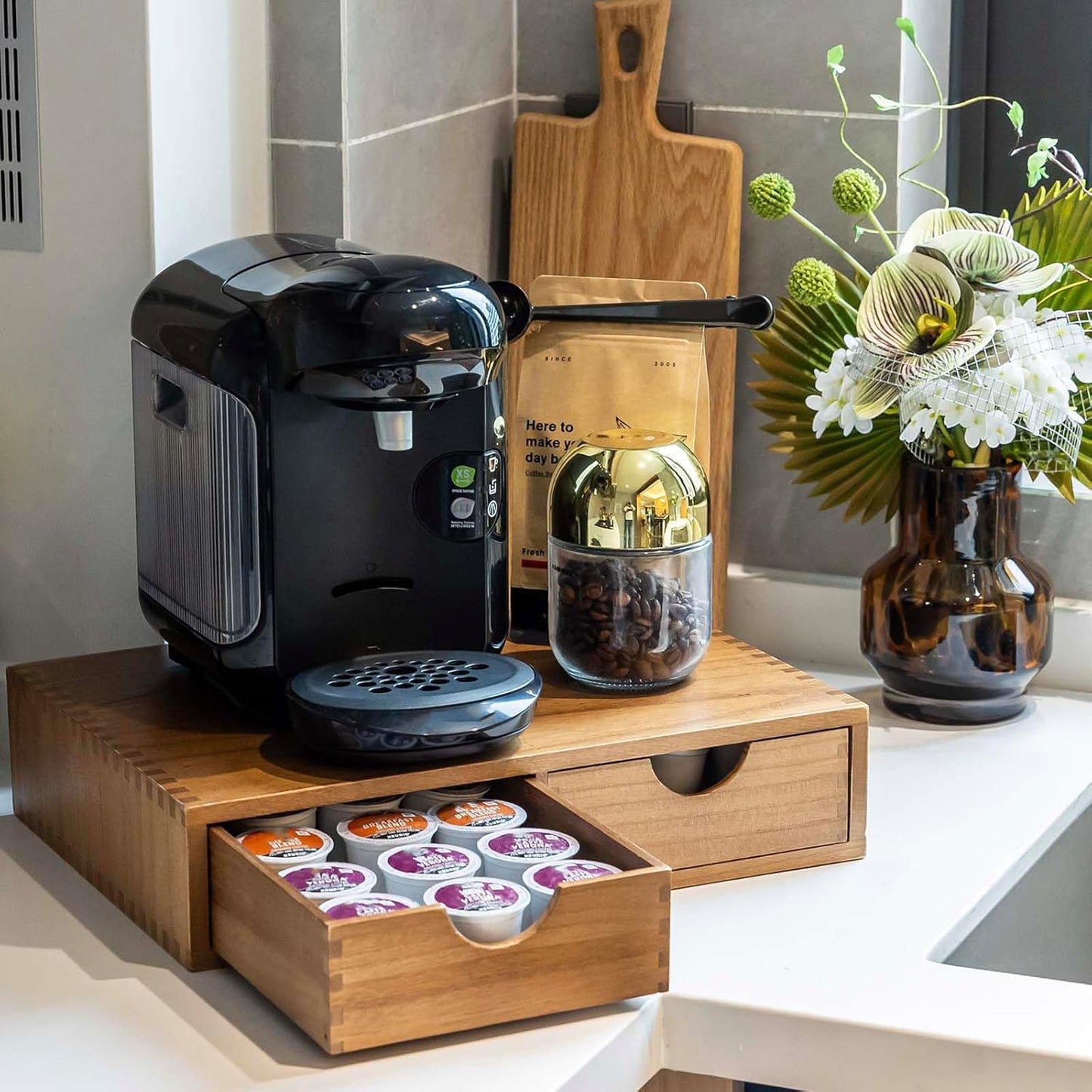 Wooden K Cup Organizer Coffee Pod Storage Box, Coffee Pods and Tea Organizer Holder, K Pod Drawer Coffee Maker Machine Stand, Organizador De Cafe, Kcup Drawer Organizer under Brewer, 30 Pod Capacity
