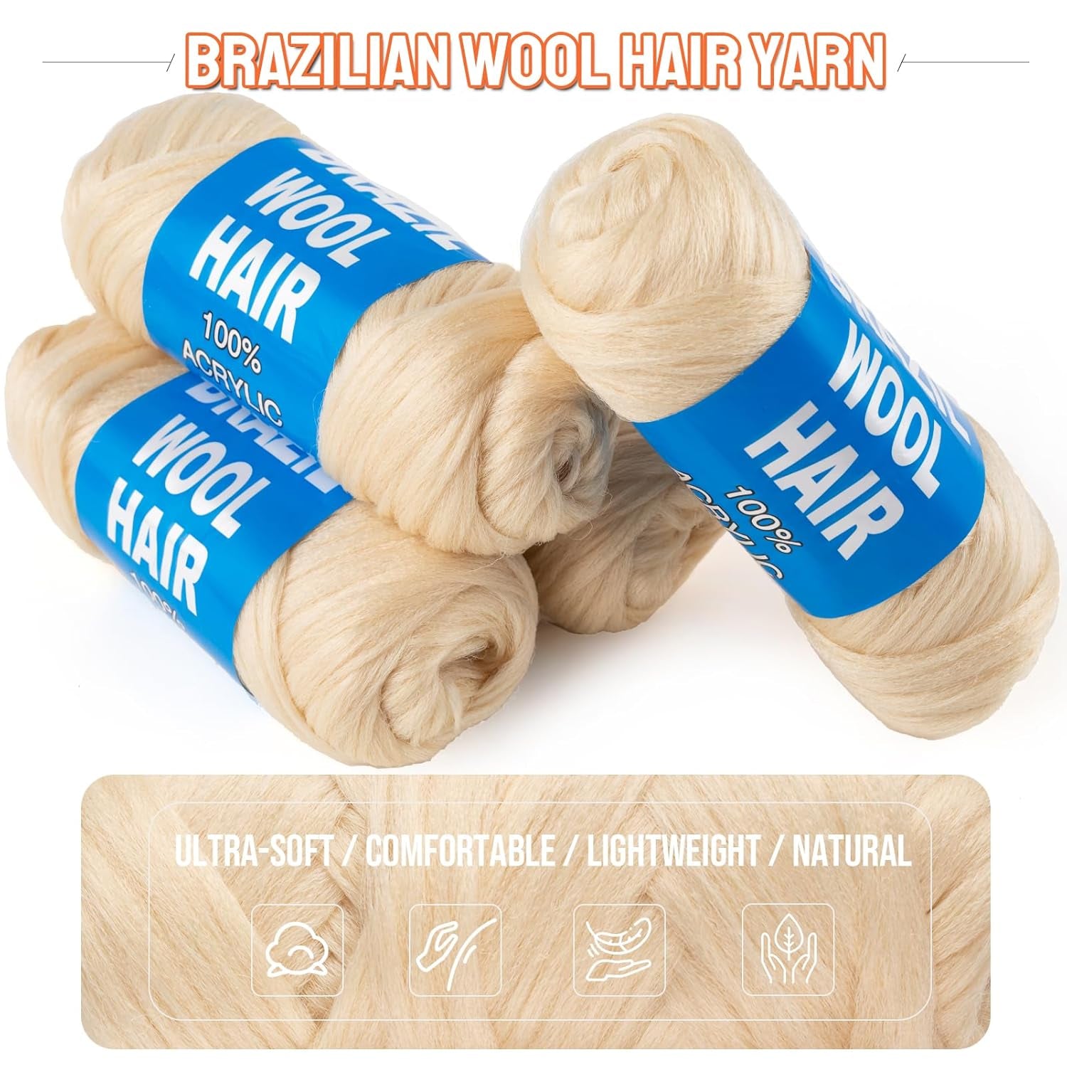 4 Pcs Blonde Brazilian Wool Hair for Braids Acrylic Hand Knitting Yarn for Crochet Box Braid Senegalese Twisting Jumbo Braids Faux Locs Crochet Hair Braiding Hair Extension(#613)