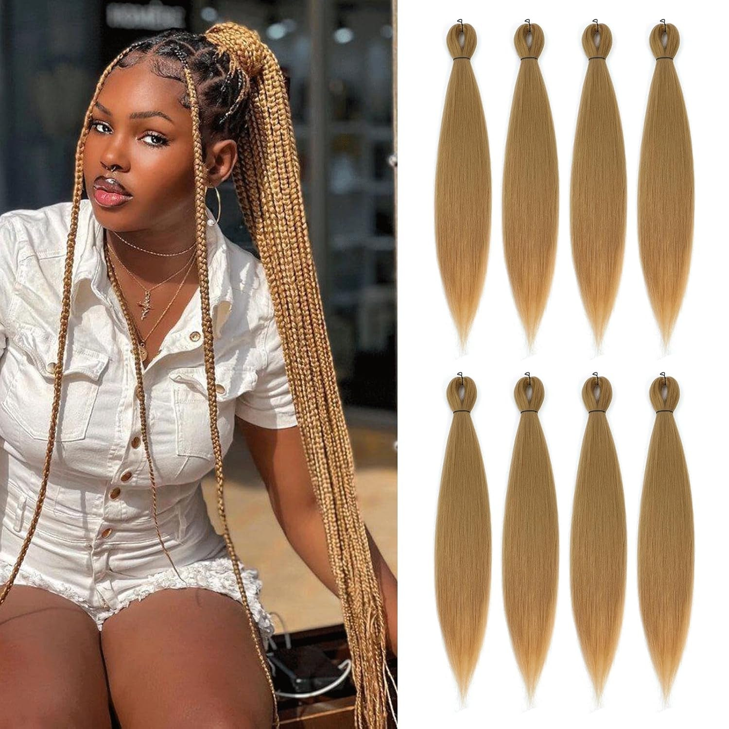 Pre-Stretched Braiding Hair - 16 Inch 8 Packs Blonde Short Braiding Hair for Twist or Box Braids, Yaki Texture Hot Water Setting Synthetic Braiding Hair Extensions (16 Inch, #27-8P)
