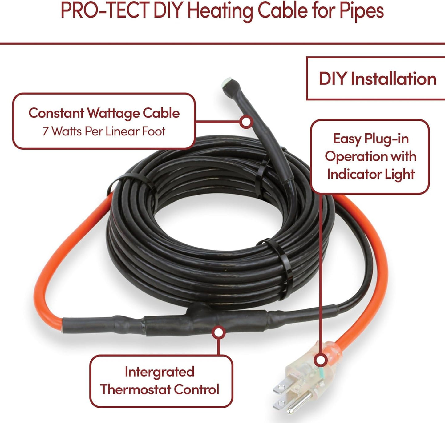Pro-Tect 3 Ft. Electric Heat Tape for Water Pipes with Thermostat - Plug-In Pipe Heating Cable for Freeze Protection, 7 W/Ft, 120V
