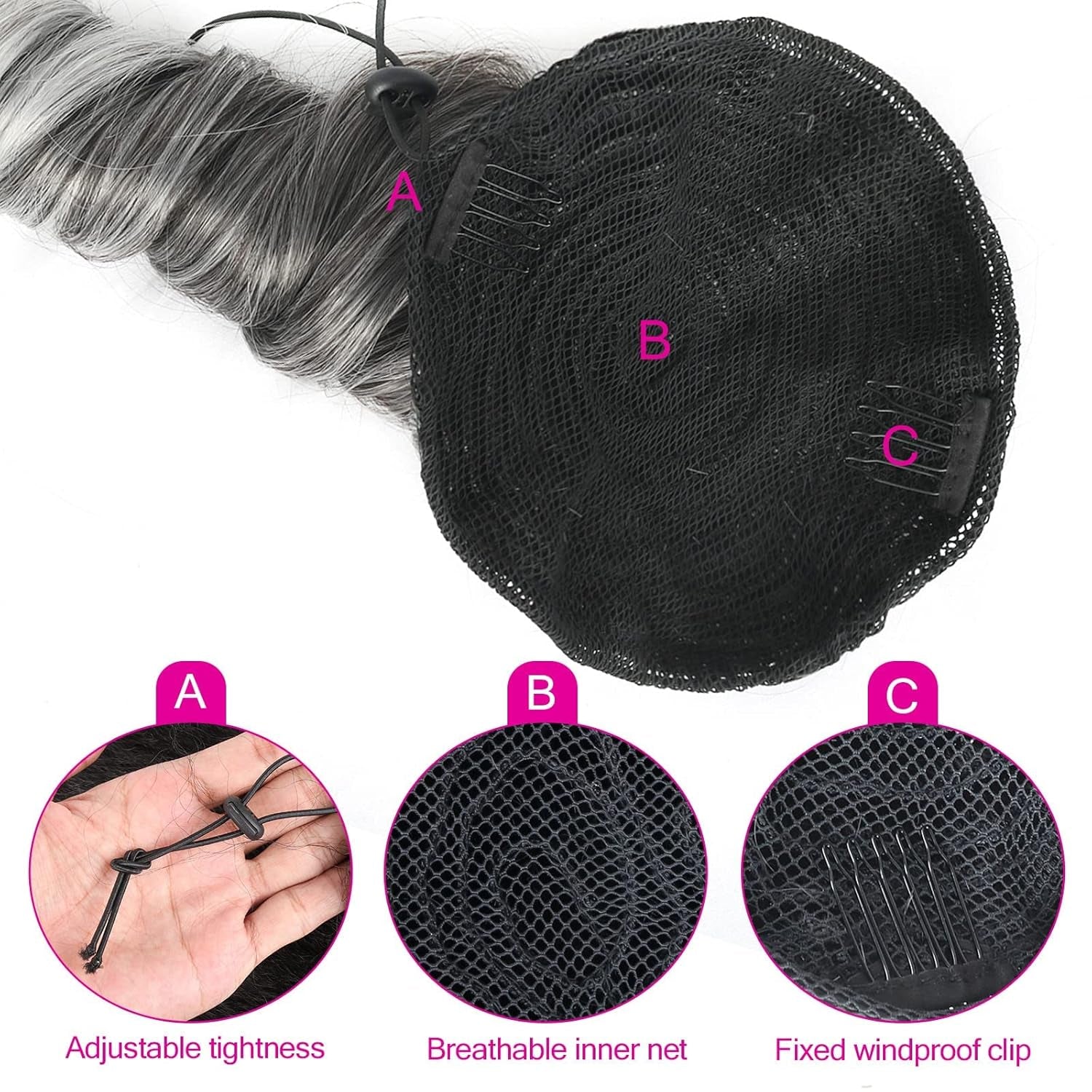 Salt and Pepper Ponytails Extension Drawstring Ponytail for Black Women, Short Curly Ponytails Silver Gray Ponytail Sleek Fake Ponytail Clip in on Hair Pieces for Black Women for Girls 14Inch