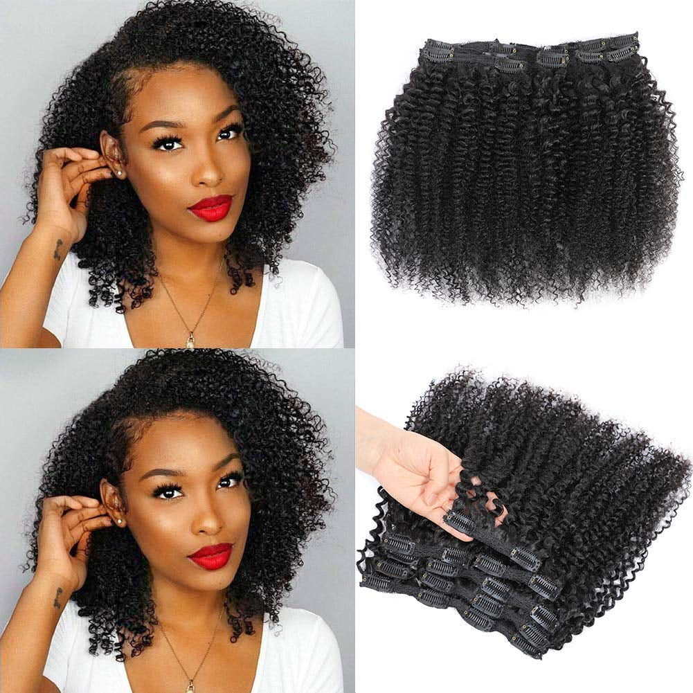 Kinky Curly Clip in Hair Extensions for Black Women,  10 Inch Curly Hair Extensions Clip in Human Hair, 3C 4A Kinky Curly for Women