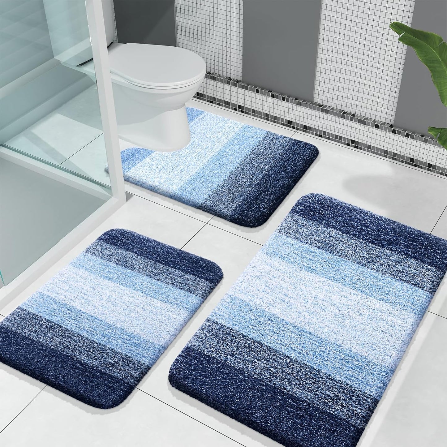 Bathroom Rugs Sets 3 Piece, Soft Absorbent Microfiber Bath Rugs and U-Shaped Contour Toilet Rug Area Rug Set, Non-Slip Bath Carpet, Home Decor Accessories, Bath Mat Set for Bathroom, Black